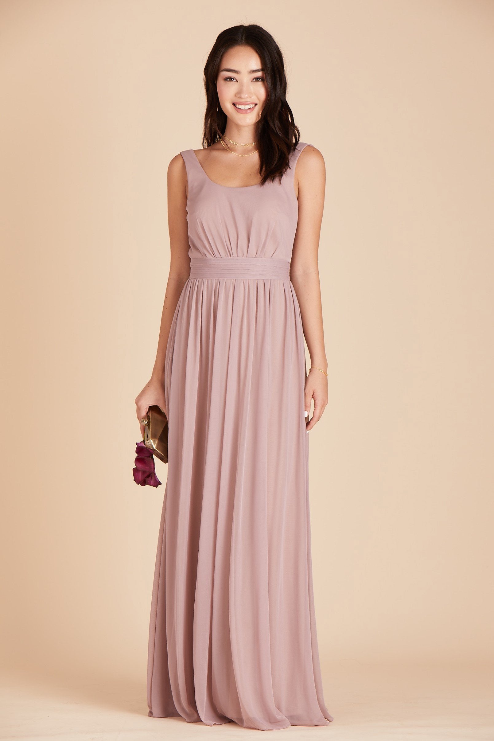 Jay bridesmaids dress in mauve chiffon by Birdy Grey, front view
