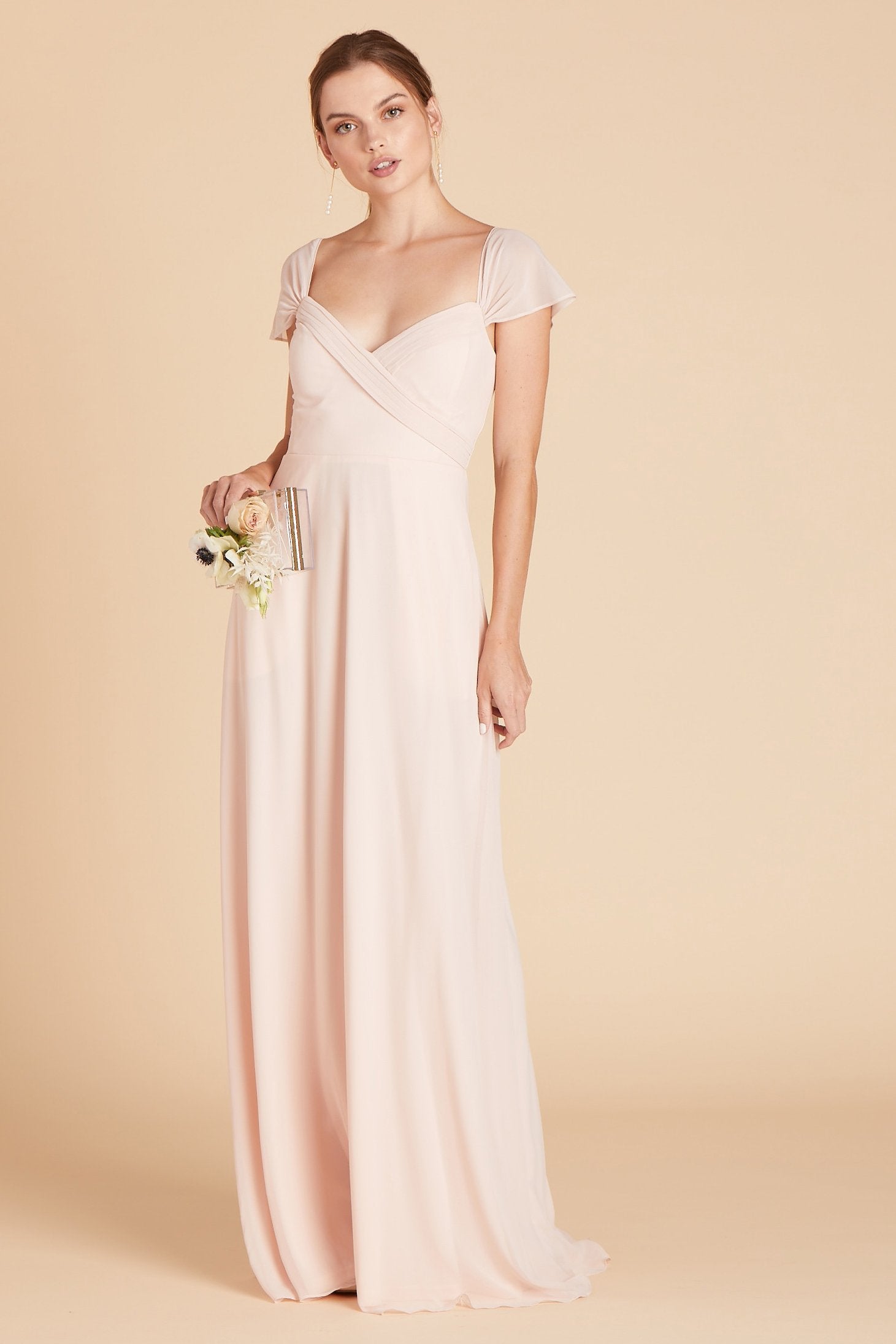 Spence convertible bridesmaid dress in pale blush chiffon by Birdy Grey, front view