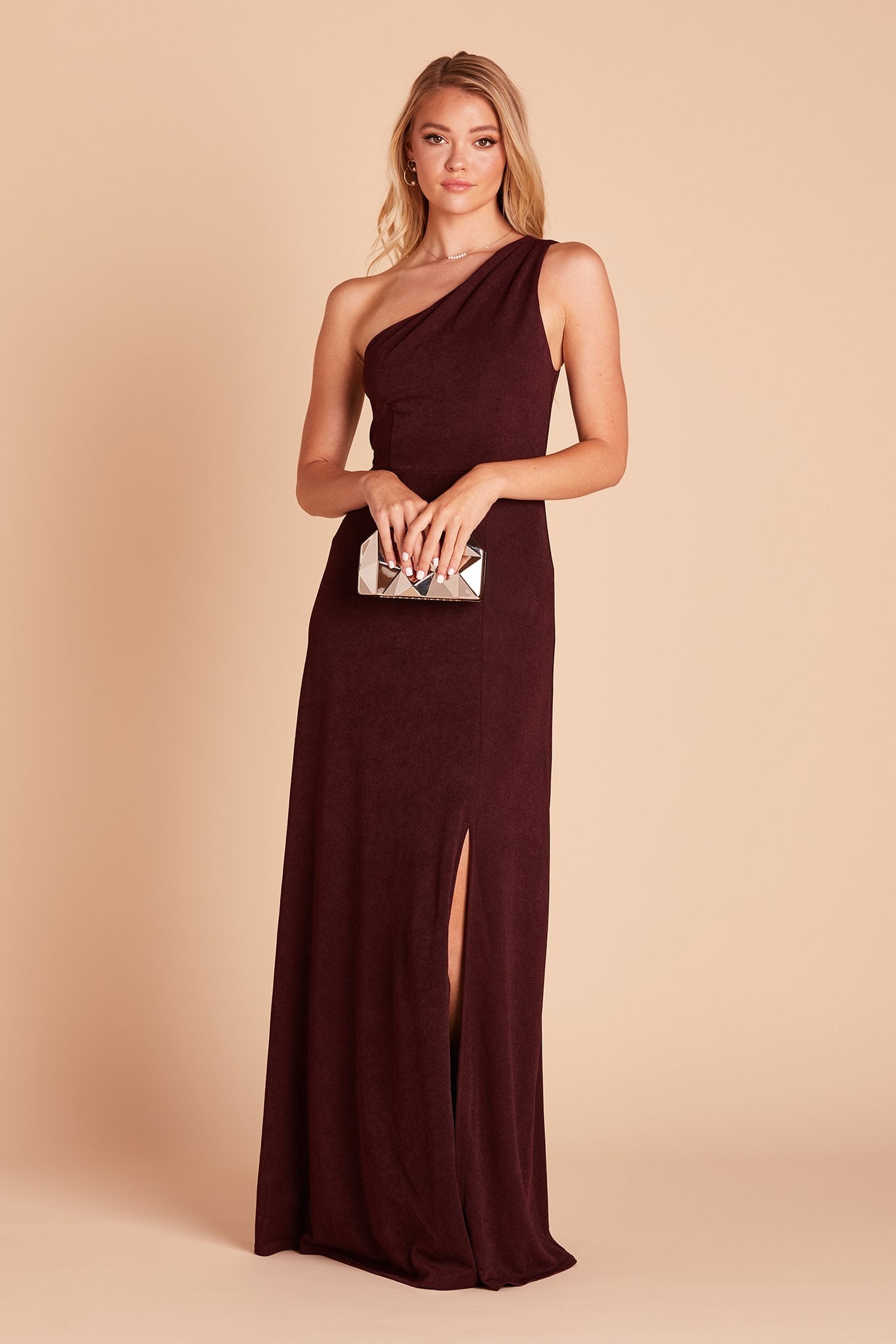Kira bridesmaid dress with slit in cabernet burgundy crepe by Birdy Grey, front view