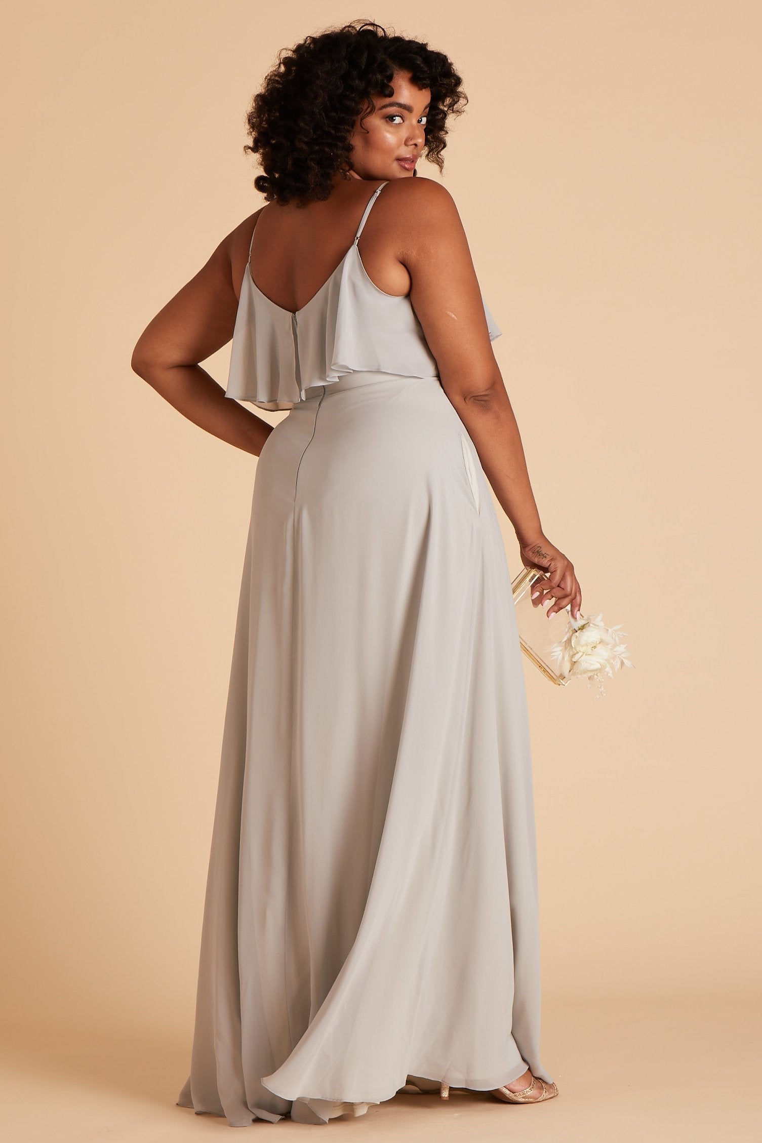 Jane convertible plus size bridesmaid dress in dove gray chiffon by Birdy Grey, back view