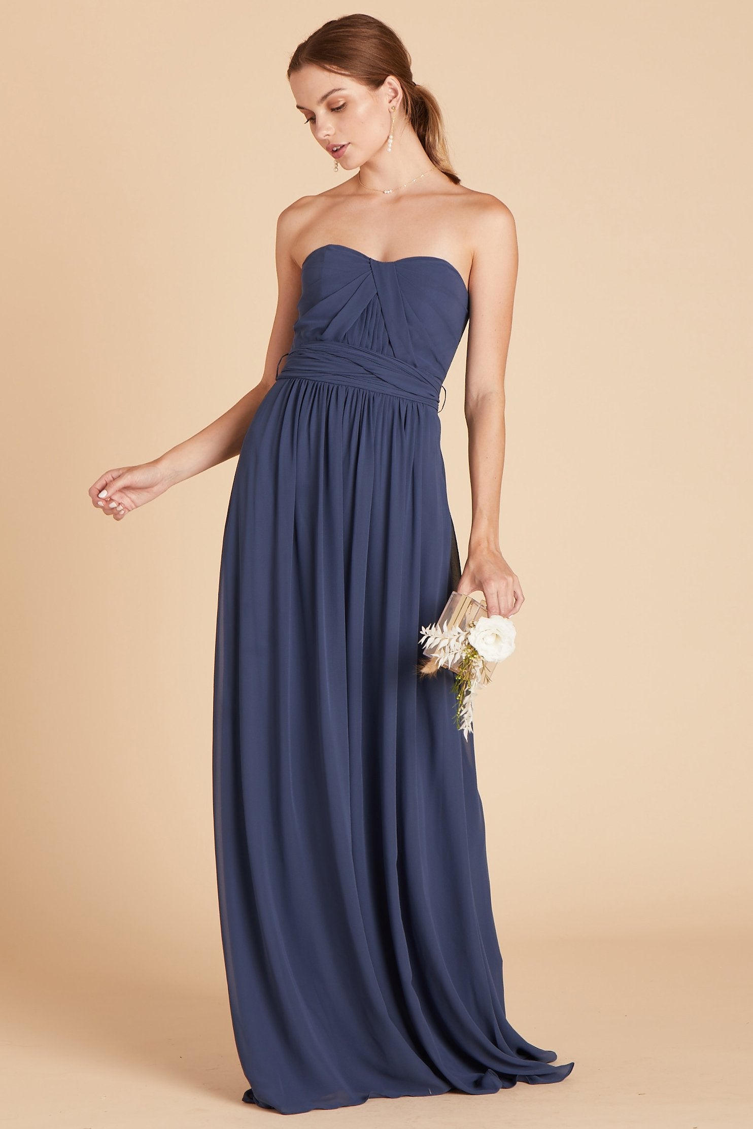 Grace convertible bridesmaid dress in slate blue chiffon by Birdy Grey, front view
