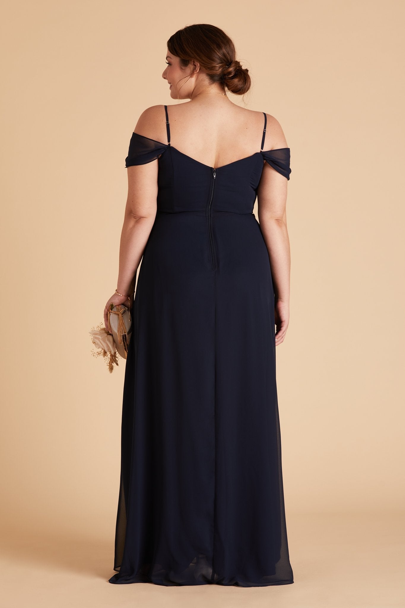 Spence convertible plus size bridesmaid dress in navy blue chiffon by Birdy Grey, back view