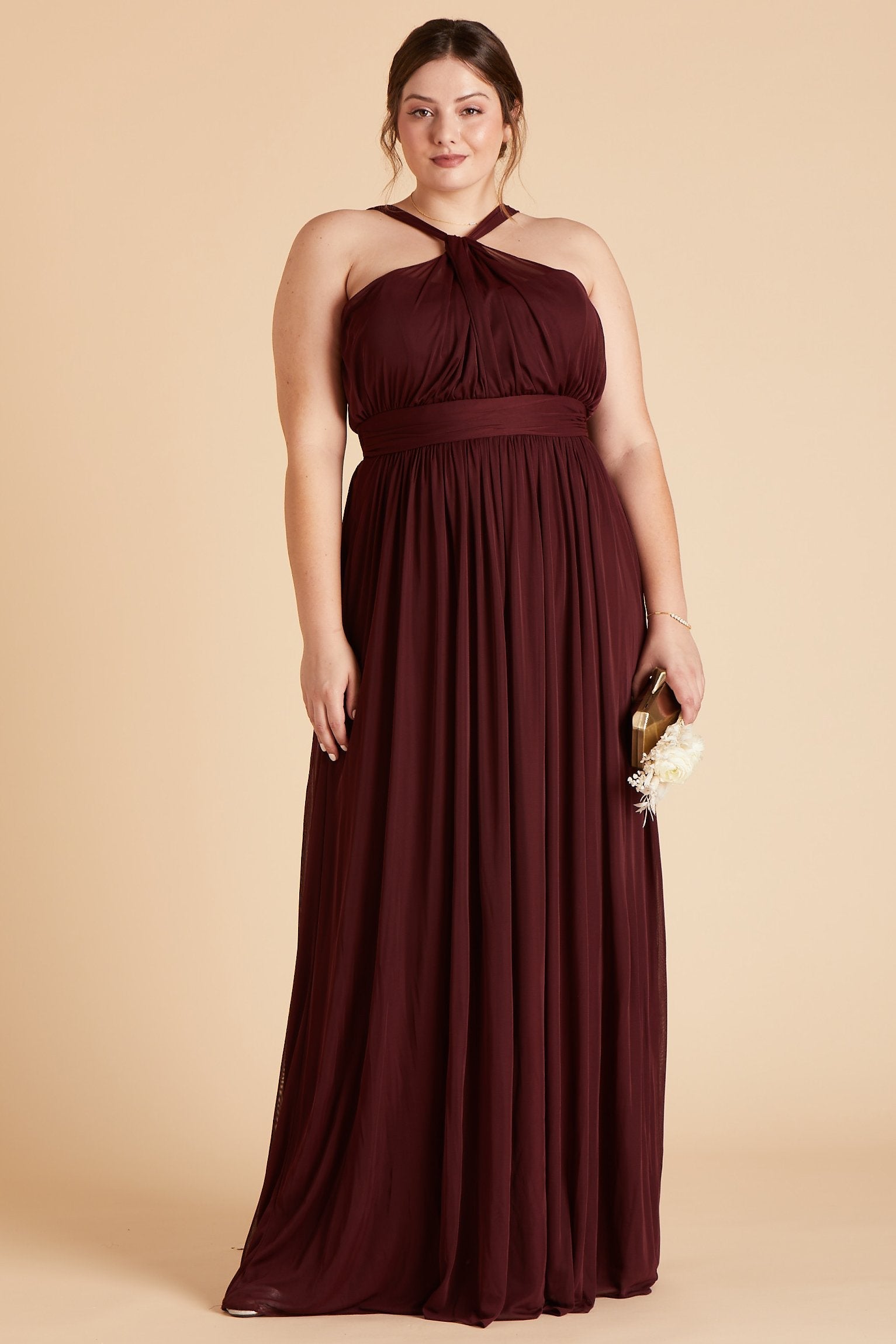 Kiko plus size bridesmaid dress in cabernet burgundy chiffon by Birdy Grey, front view