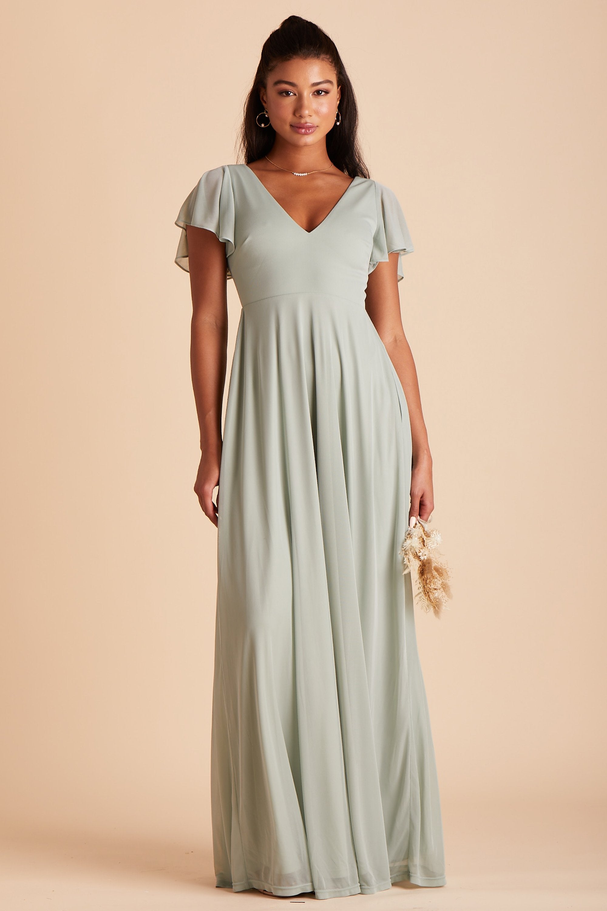 Hannah bridesmaids dress in sage green mesh by Birdy Grey, front view