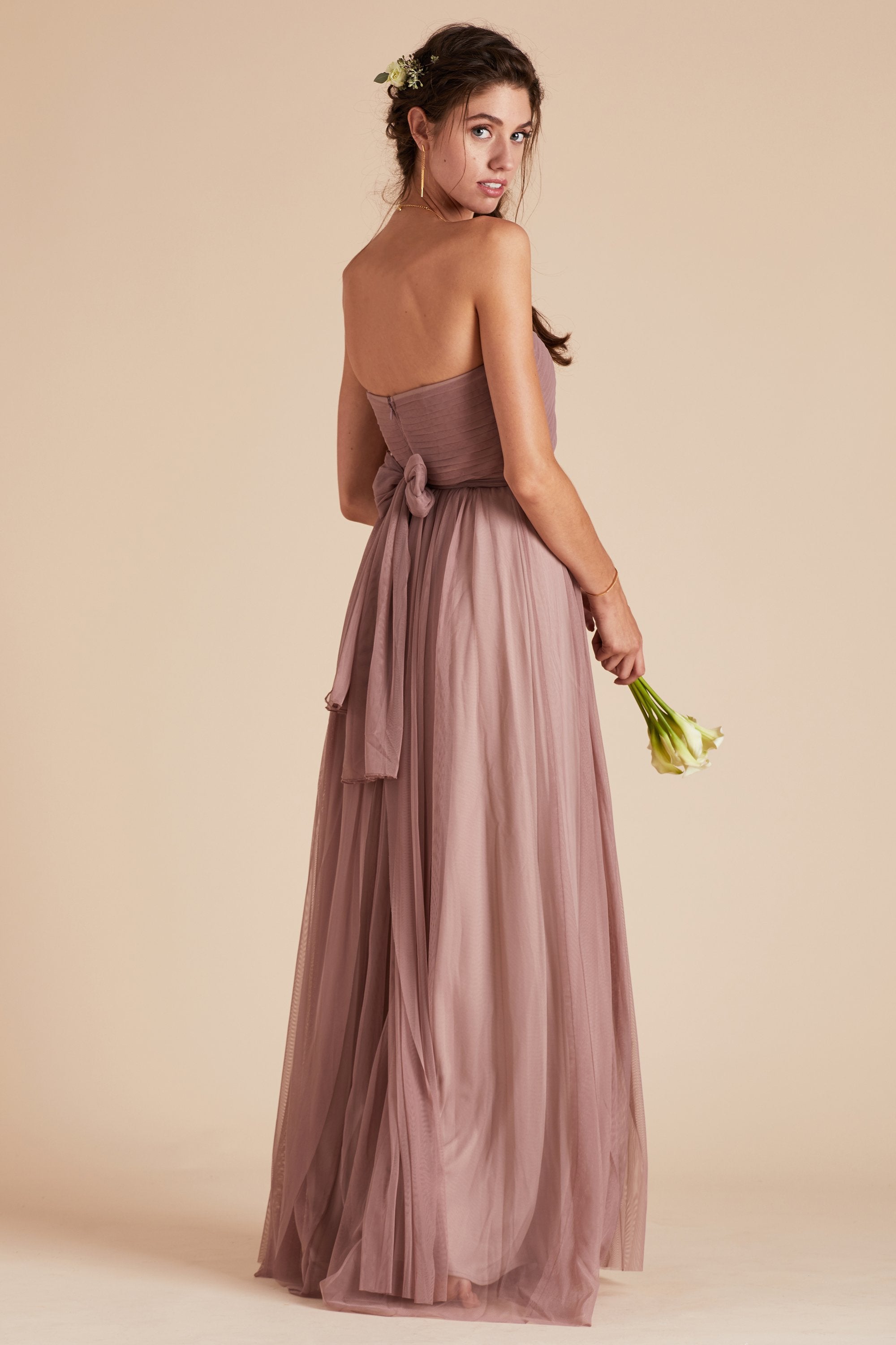 Christina convertible bridesmaid dress in sandy mauve tulle by Birdy Grey, back view