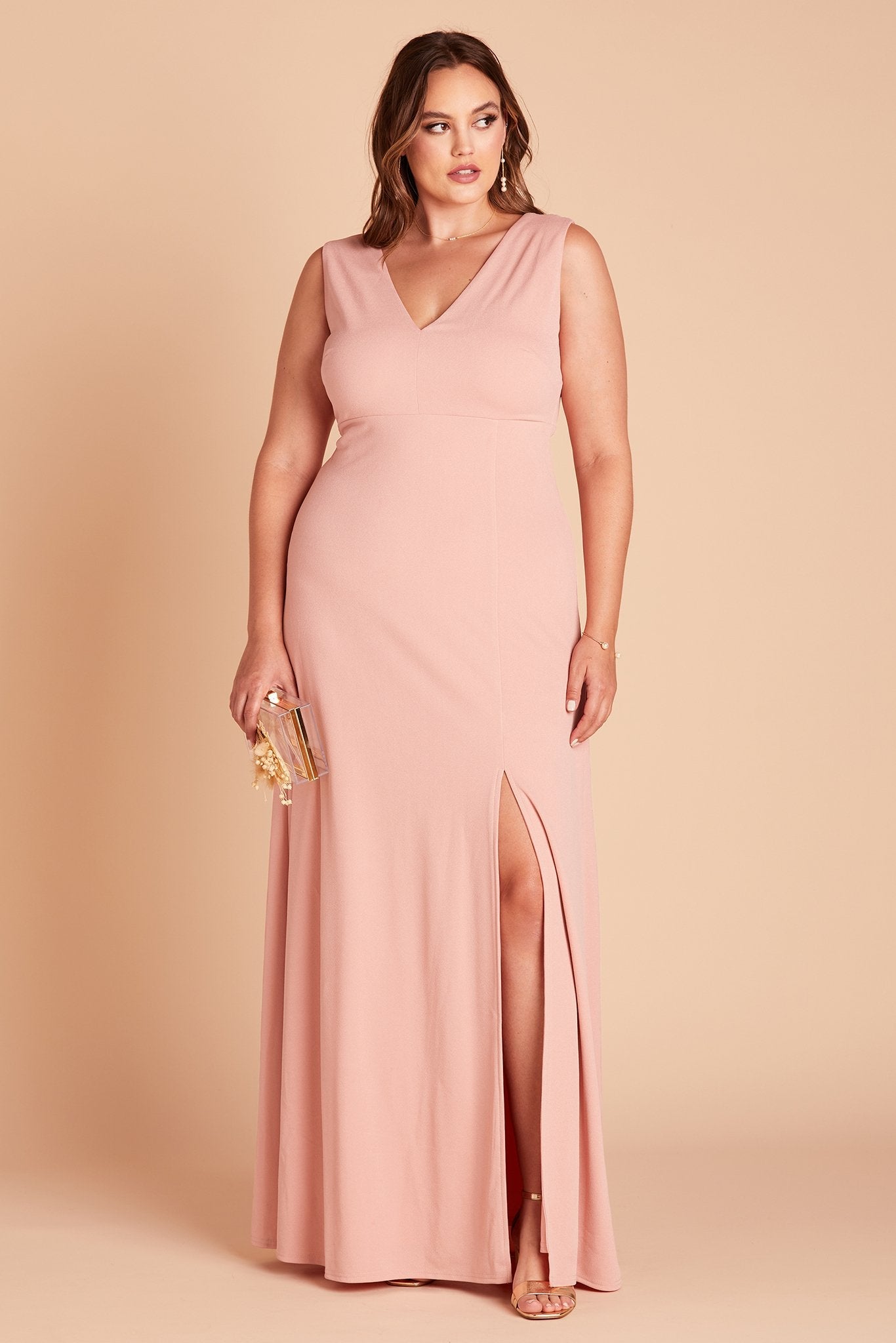 Shamin plus size bridesmaid dress with slit in rose quartz crepe by Birdy Grey, front view