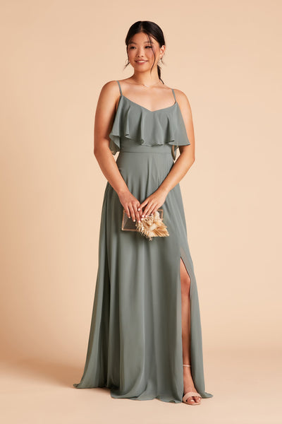 Jane convertible bridesmaid dress with slit in sea glass green chiffon by Birdy Grey, front view