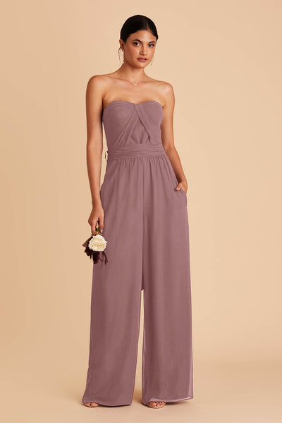 medium purple wedding jumpsuit with sweetheart bodice with convertible neckline
