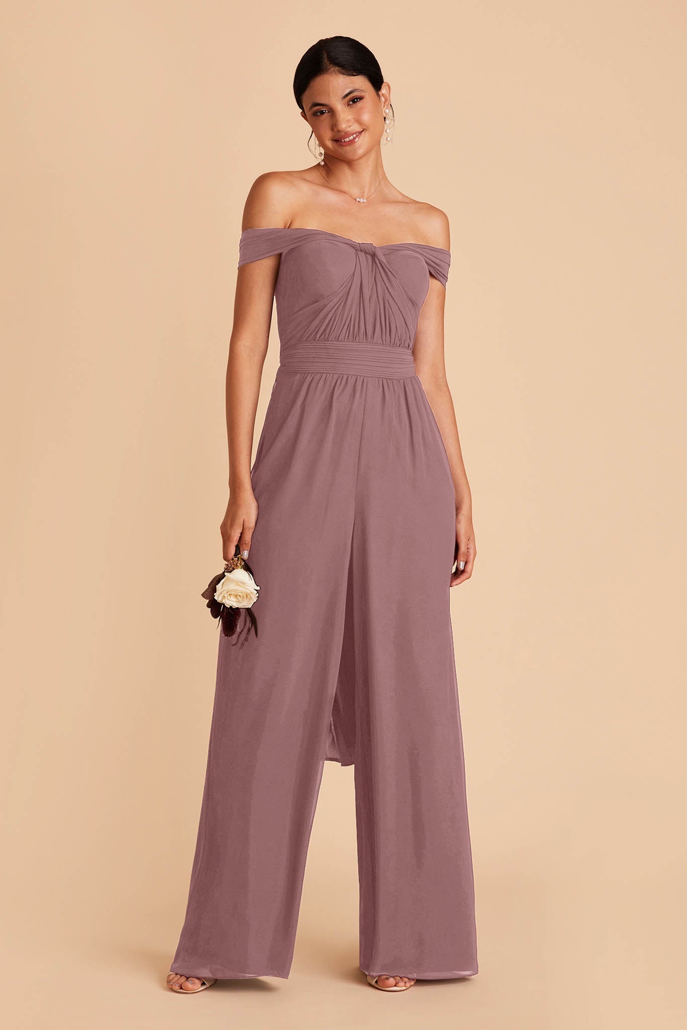 medium purple wedding jumpsuit with sweetheart bodice with convertible neckline