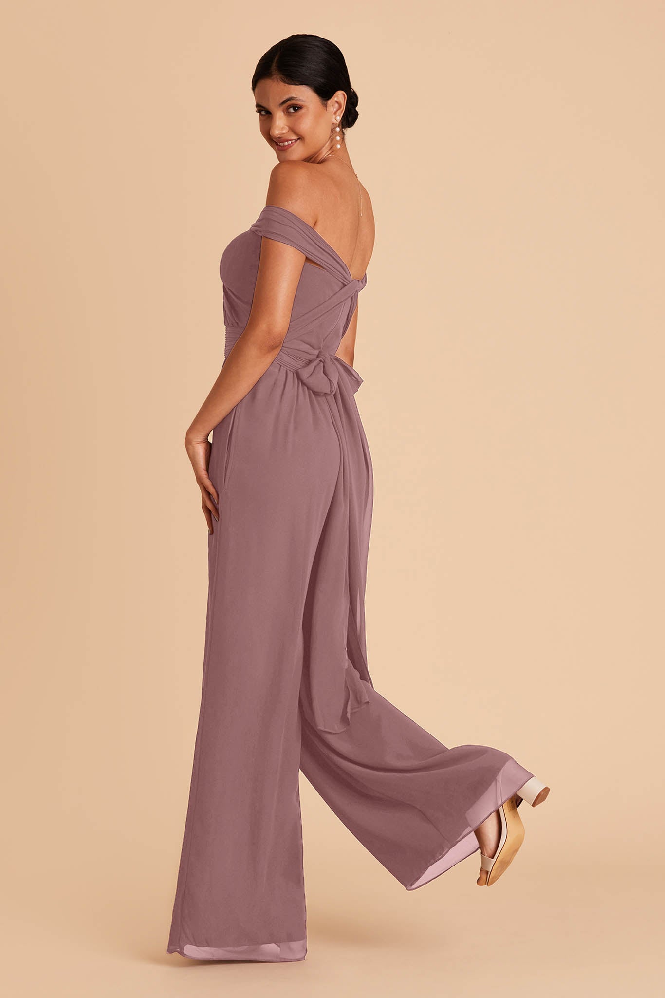 medium purple wedding jumpsuit with sweetheart bodice with convertible neckline and tie in the back