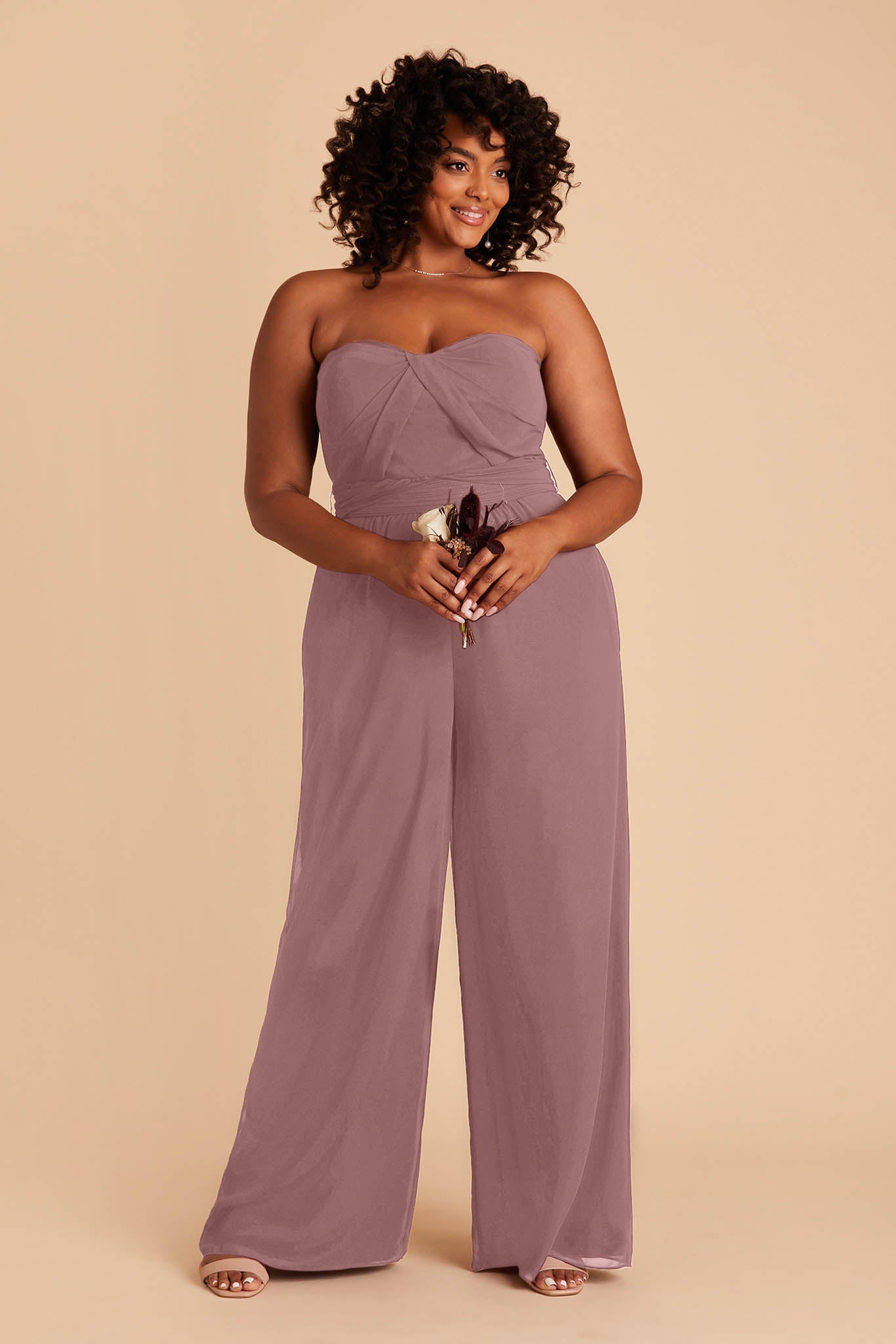 Purple plus size wedding jumpsuit with sweetheart bodice with convertible neckline
