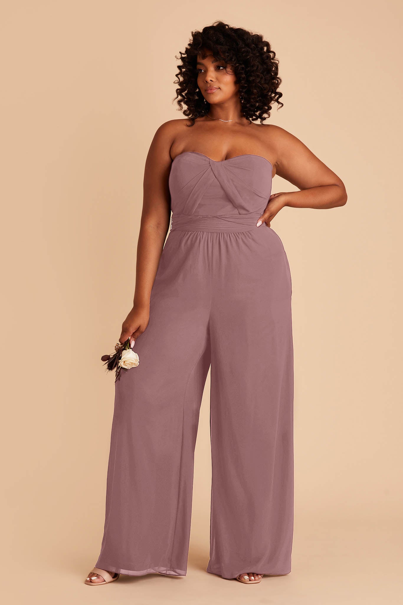 Purple plus size wedding jumpsuit with sweetheart bodice with convertible neckline