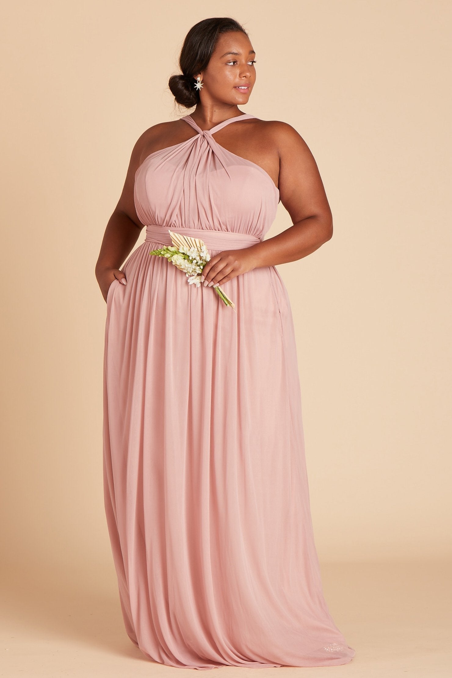 Kiko plus size bridesmaid dress in dusty rose chiffon by Birdy Grey, front view with hand in pocket