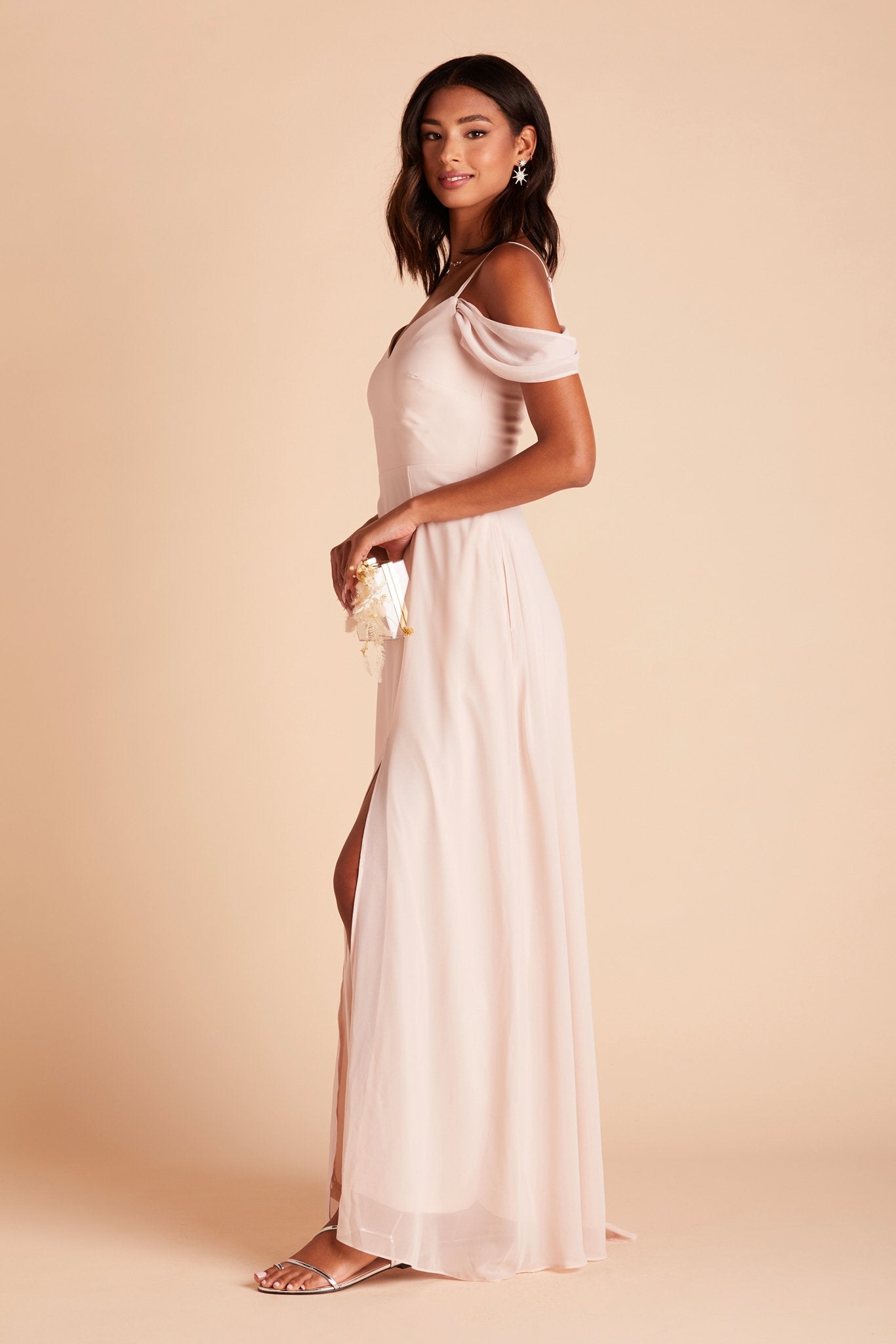 Devin convertible bridesmaids dress with slit in pale blush chiffon by Birdy Grey, side view