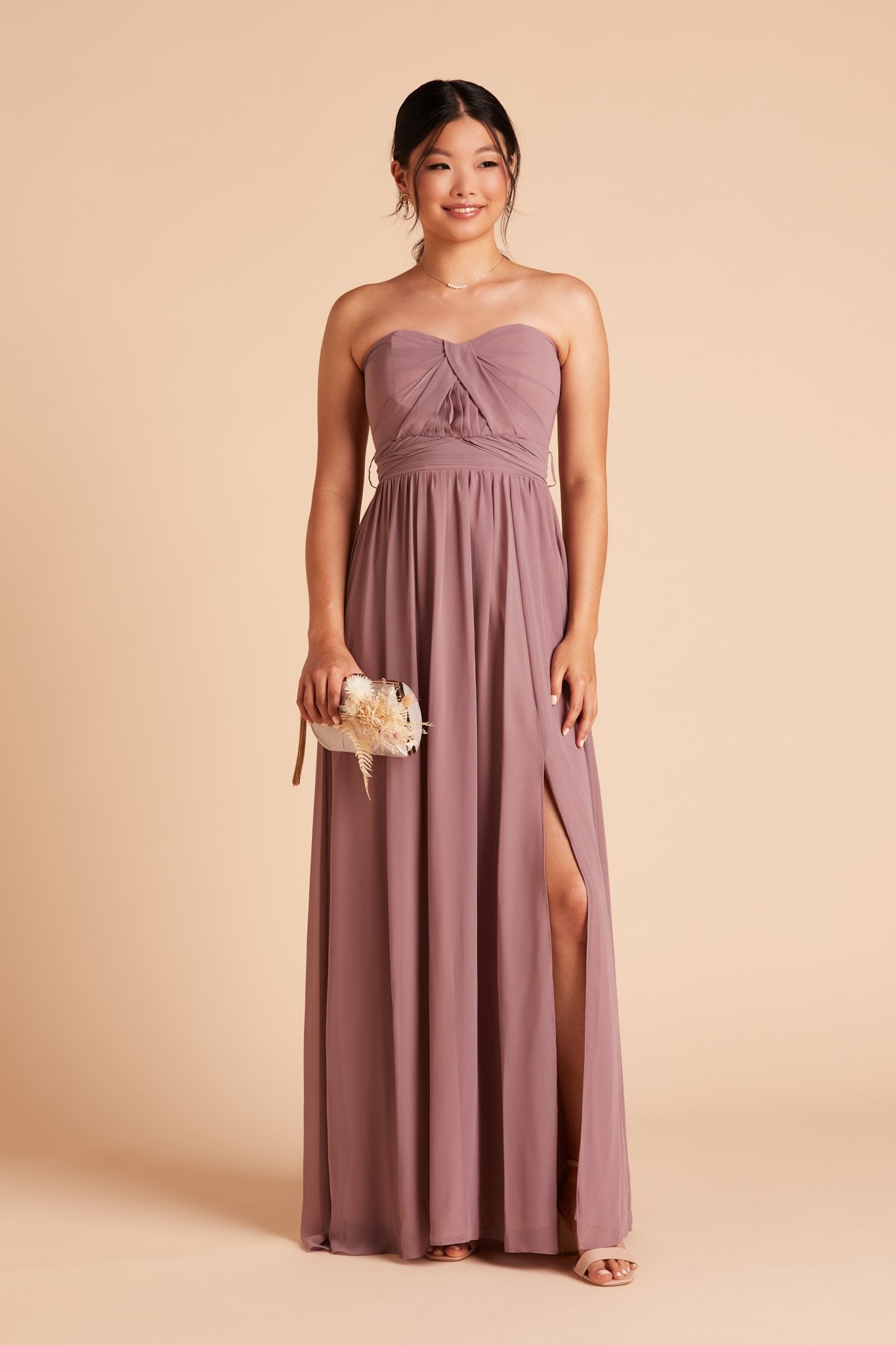 Grace convertible bridesmaid dress with slit in Dark Mauve Purple Chiffon by Birdy Grey, front view
