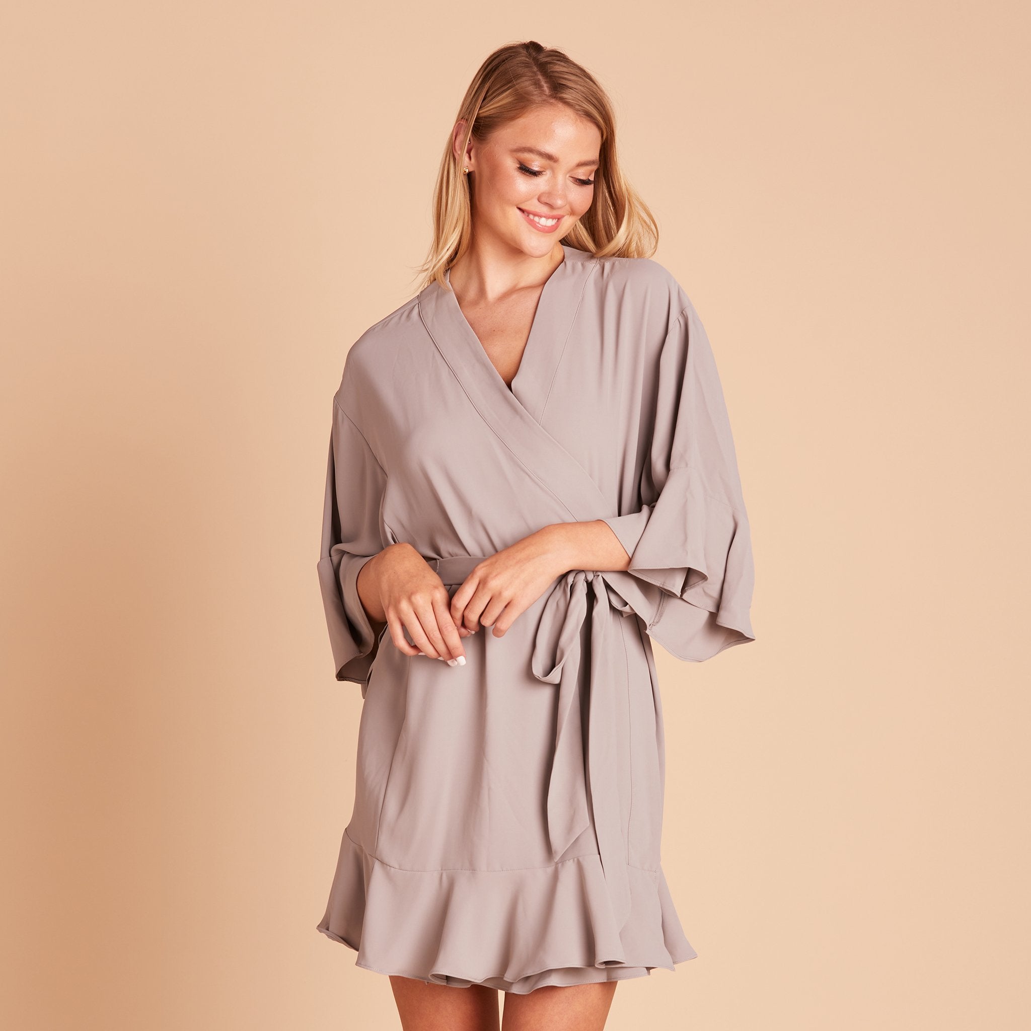 Kenny Ruffle Robe in gray by Birdy Grey, front view