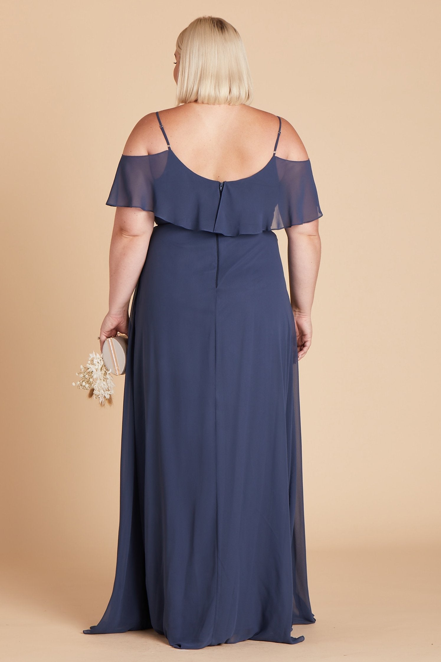 Jane convertible plus size bridesmaid dress in slate blue chiffon by Birdy Grey, back view