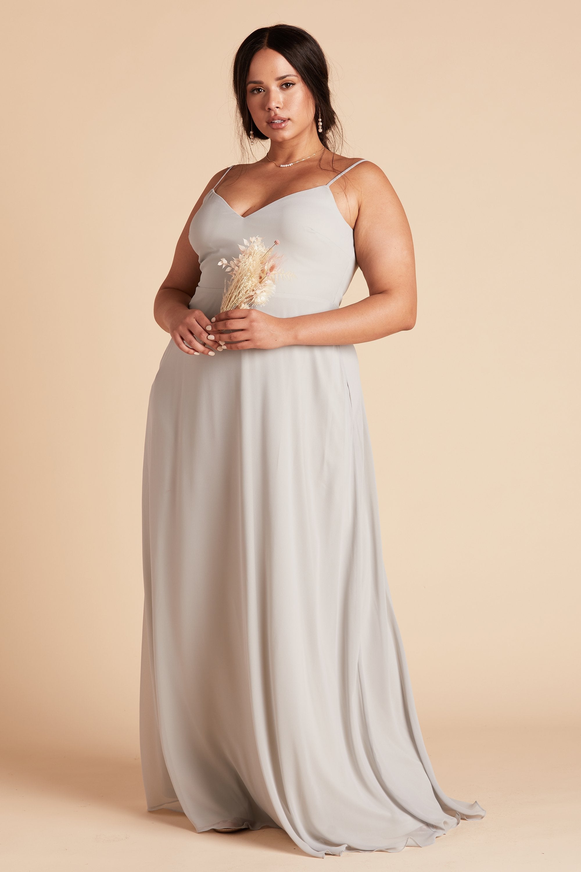 Devin convertible plus size bridesmaid dress with slit in dove gray chiffon by Birdy Grey, side view