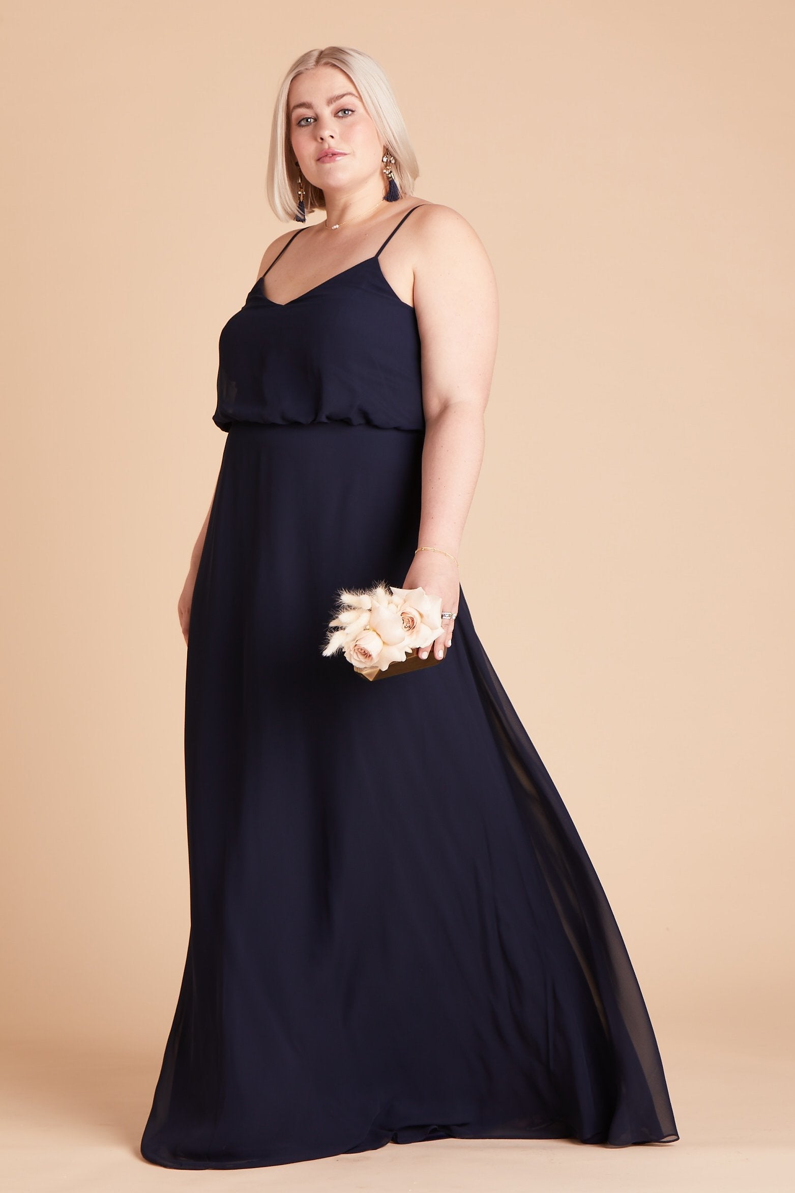 Gwennie plus size bridesmaid dress in navy blue chiffon by Birdy Grey, side view