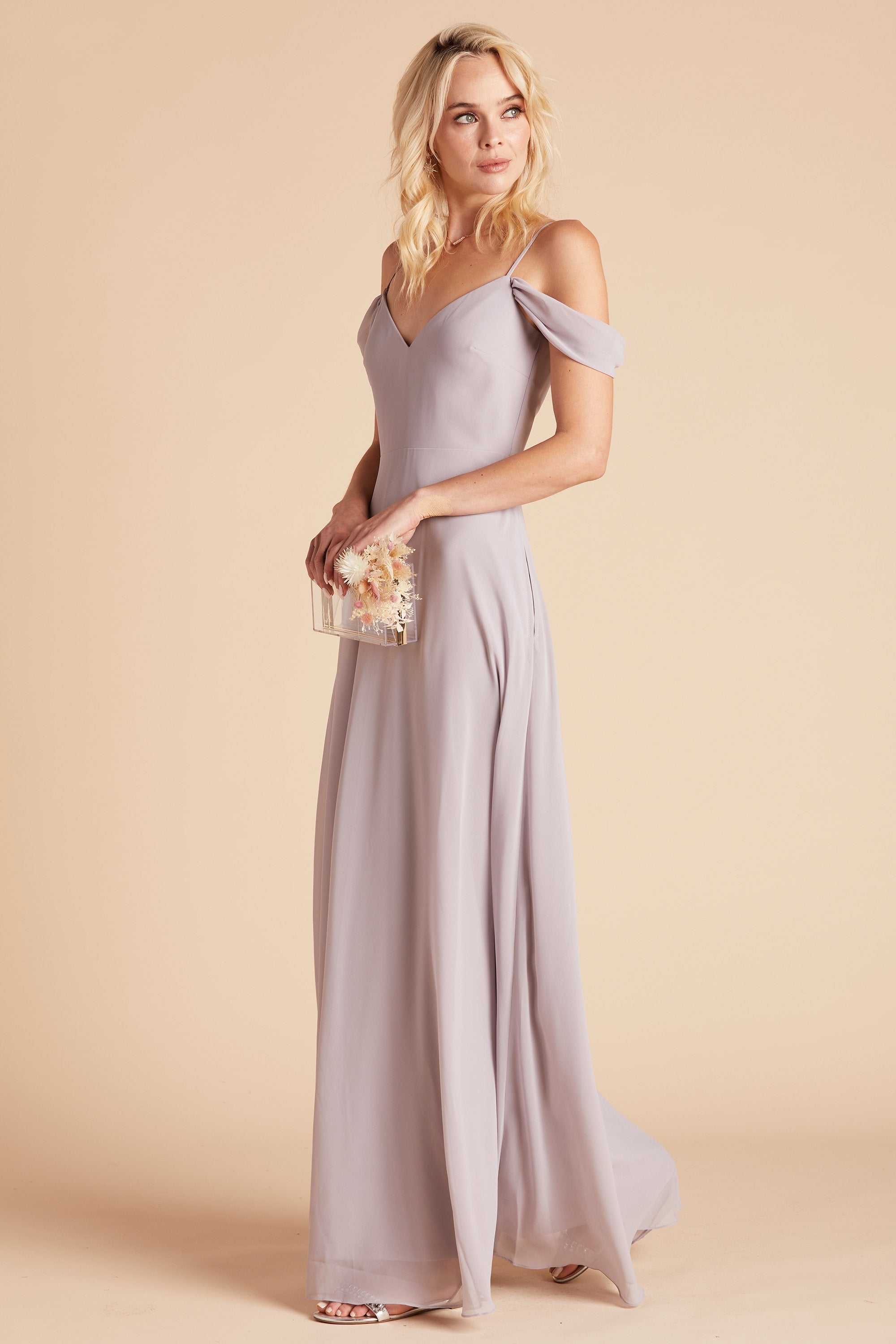 Devin convertible bridesmaids dress in lilac purple chiffon by Birdy Grey, front view