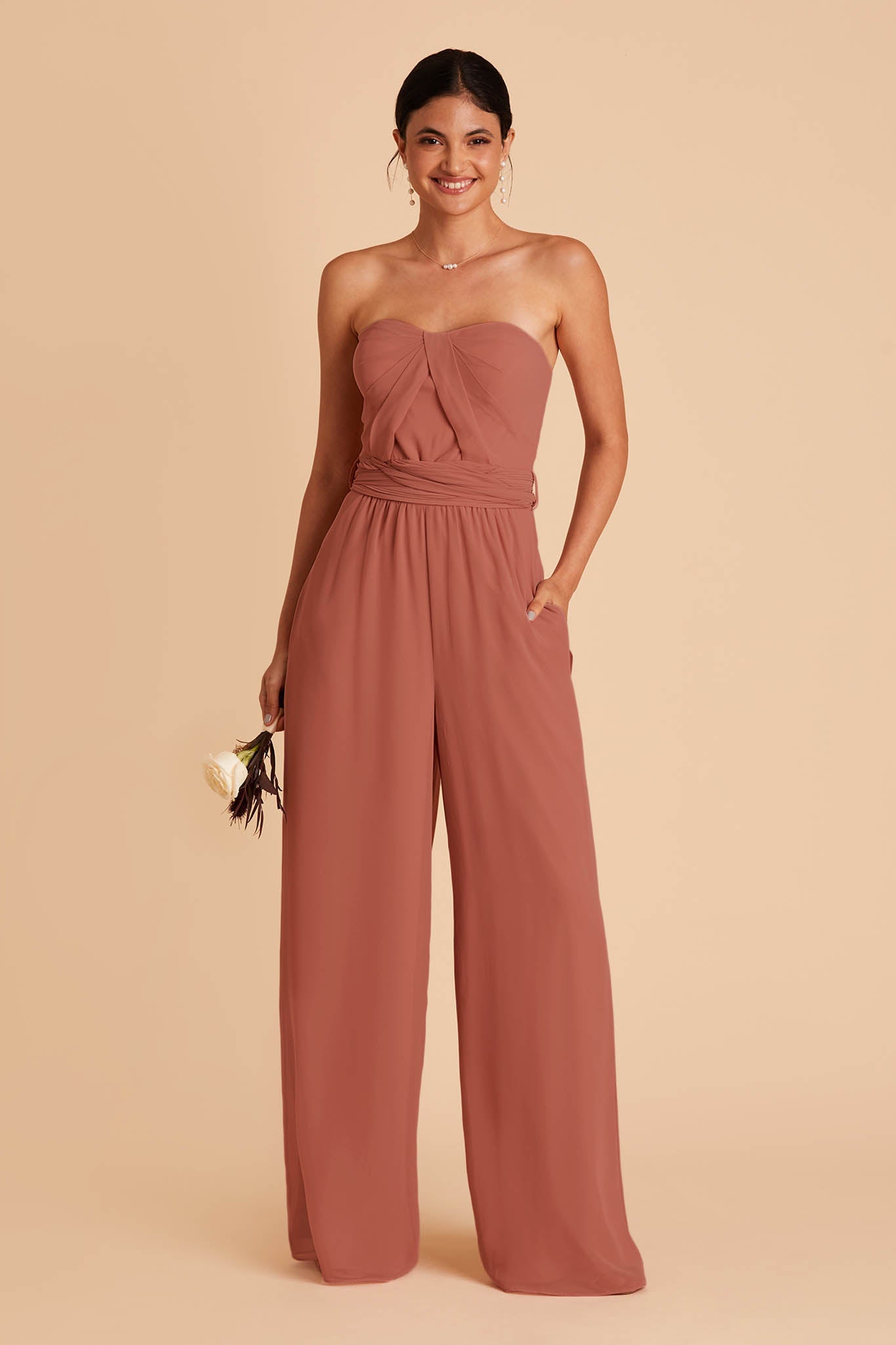 orange wedding jumpsuit with sweetheart bodice with convertible neckline