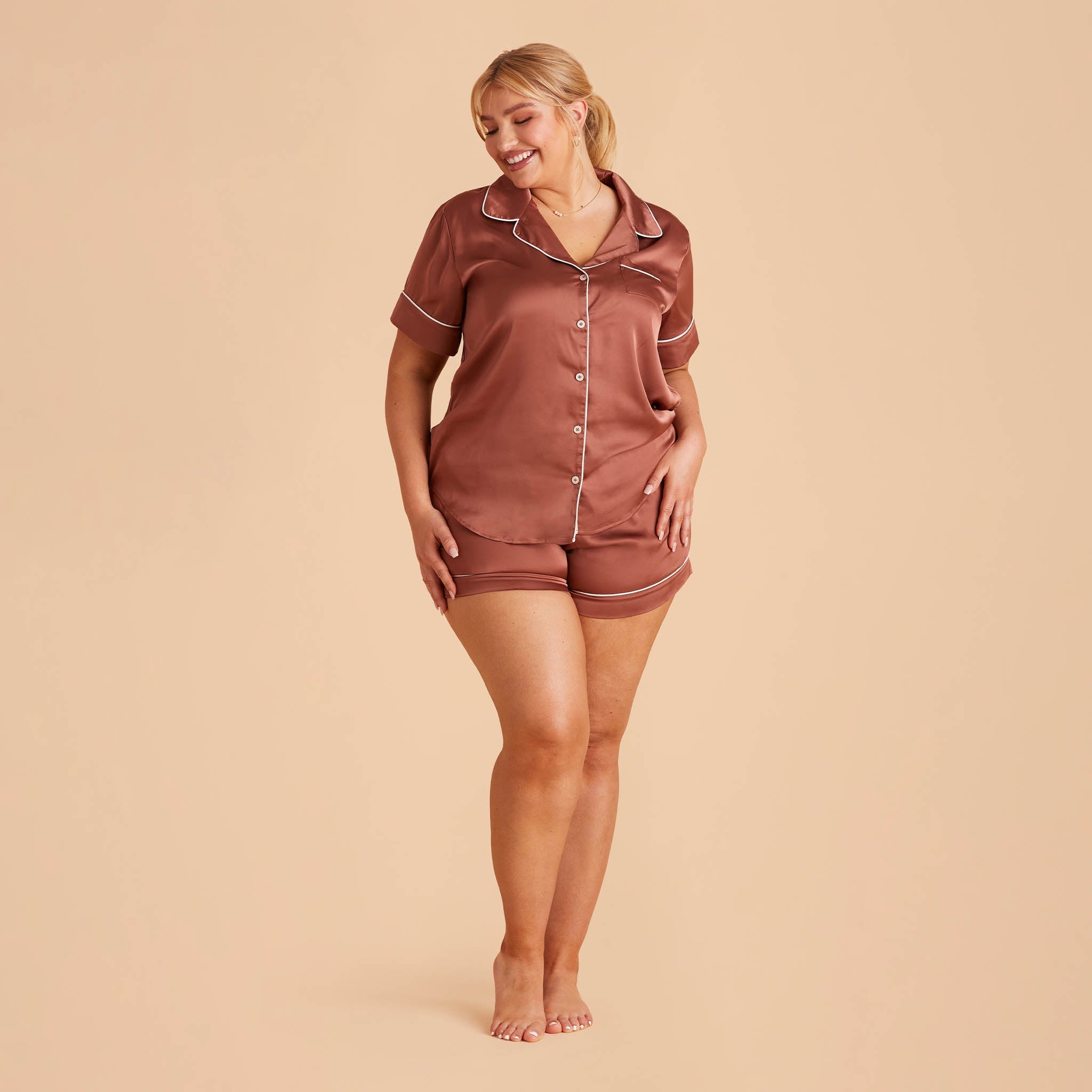 Jonny Satin Short Sleeve Bridesmaid Pajamas With White Piping in desert rose, front view