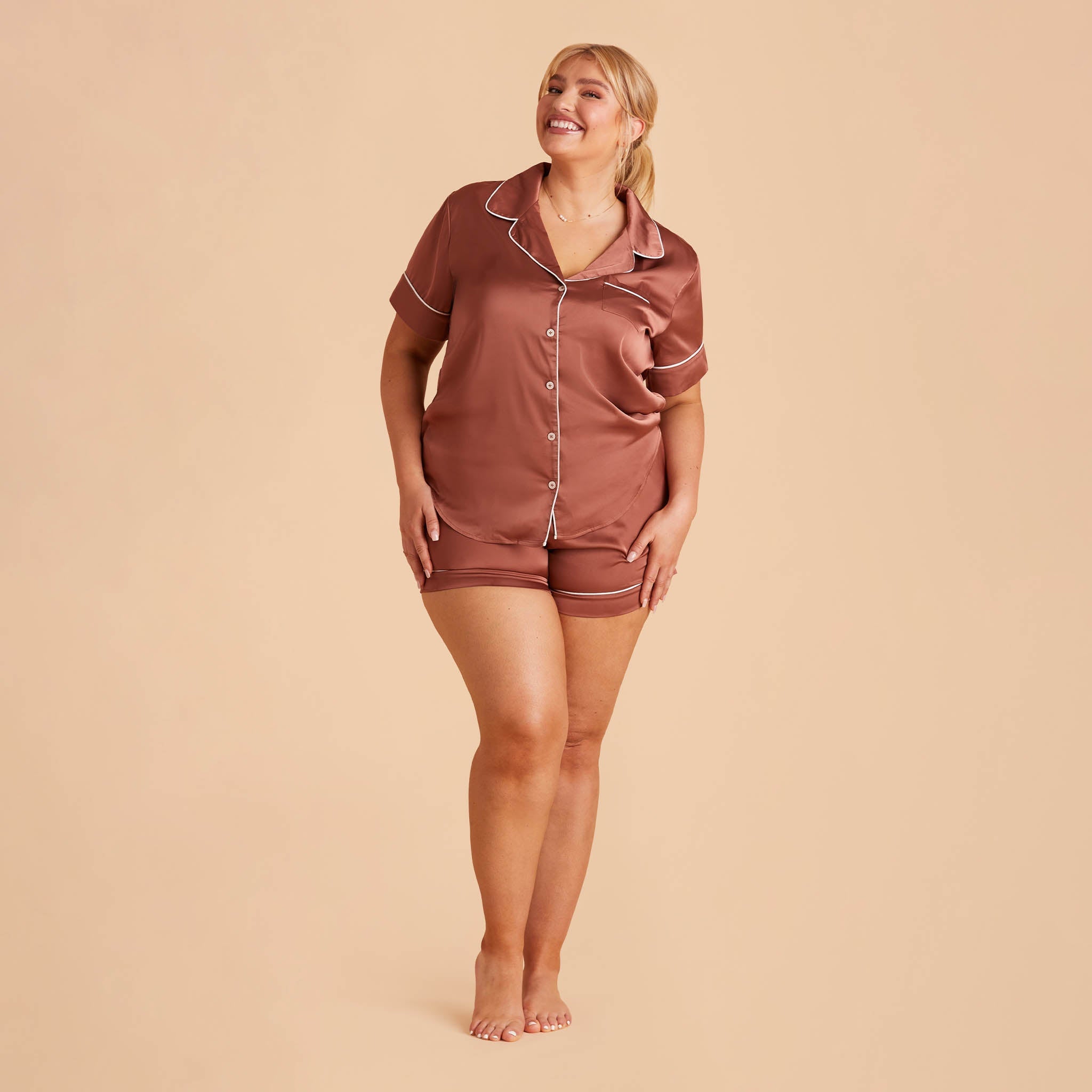 Jonny Satin Short Sleeve Bridesmaid Pajamas With White Piping in desert rose, front view