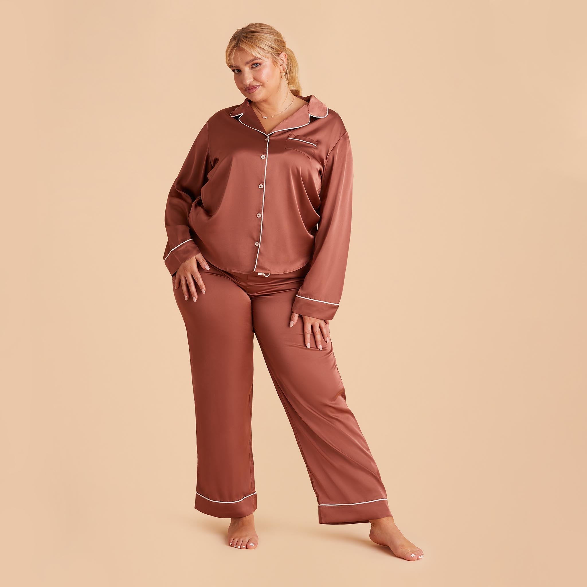 Jonny Plus Size Satin Long Sleeve Pajama Top With White Piping in desert rose, front view