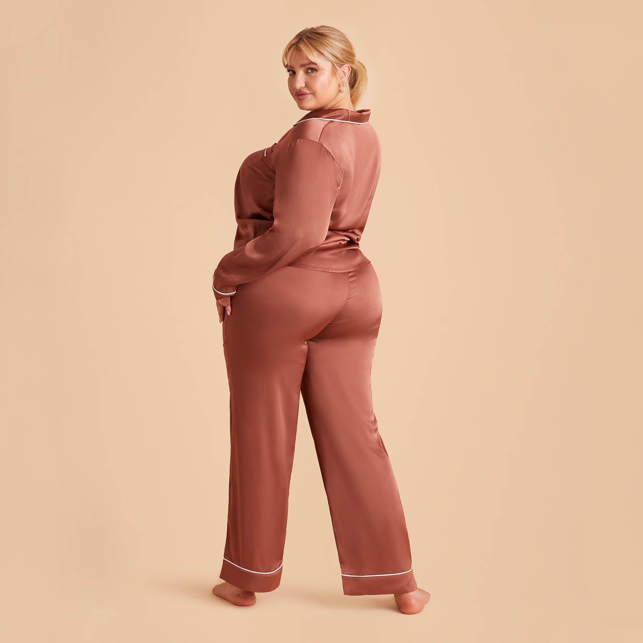 Jonny Plus Size Satin Long Sleeve Pajama Top With White Piping in desert rose, back view