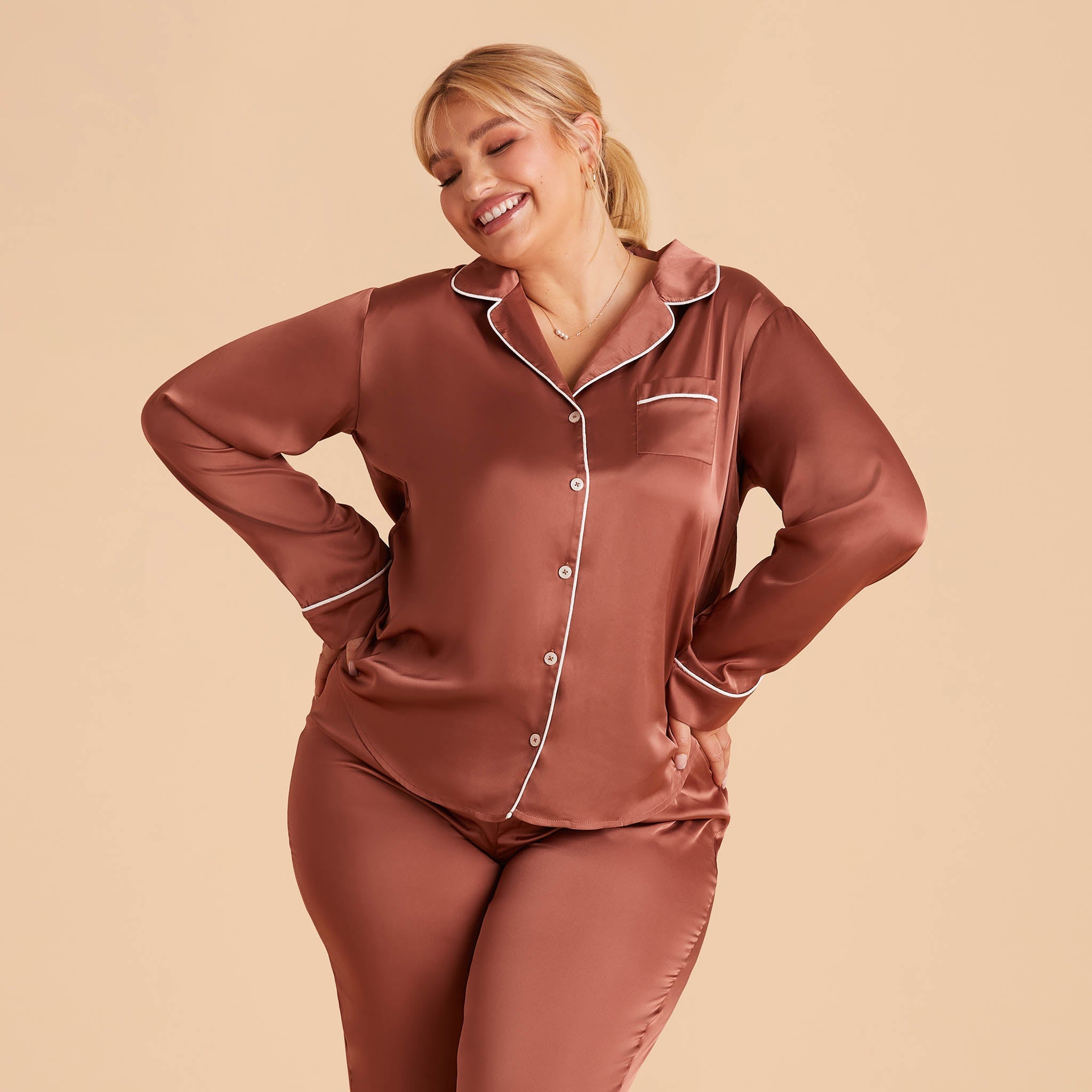 Jonny Plus Size Satin Long Sleeve Pajama Top With White Piping in desert rose, front view