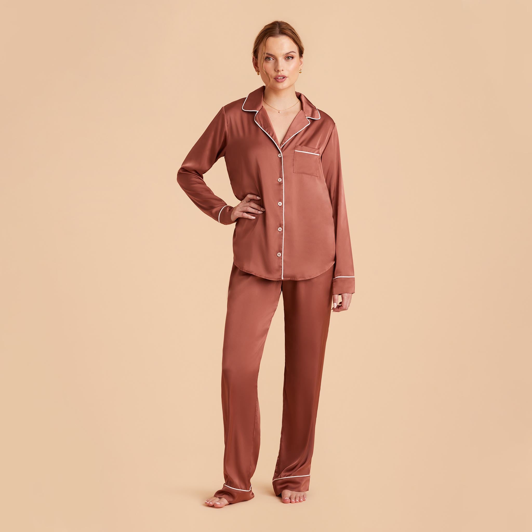 Jonny Satin Pants Bridesmaid Pajamas With White Piping in desert rose, front view