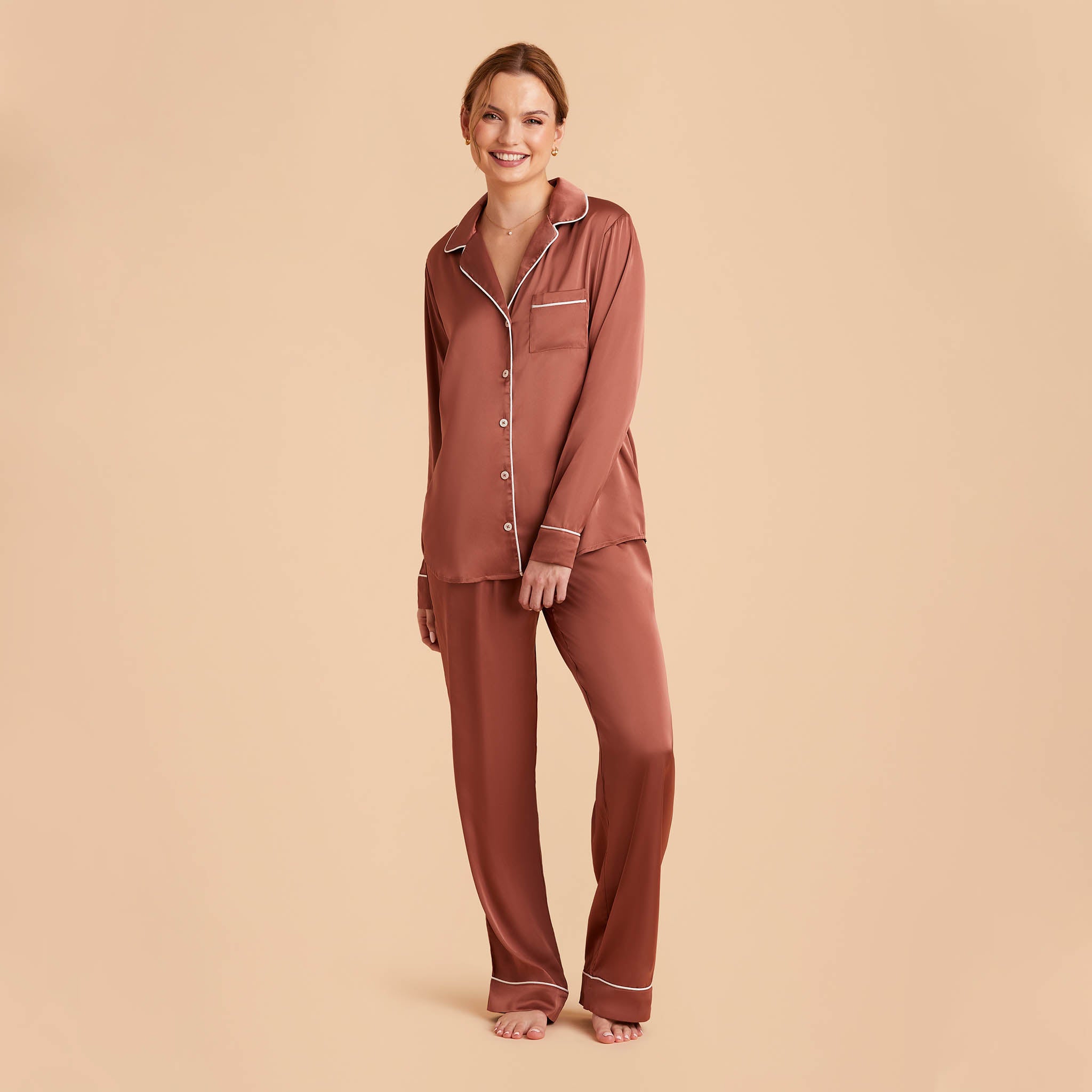 Jonny Satin Pants Bridesmaid Pajamas With White Piping in desert rose, front view