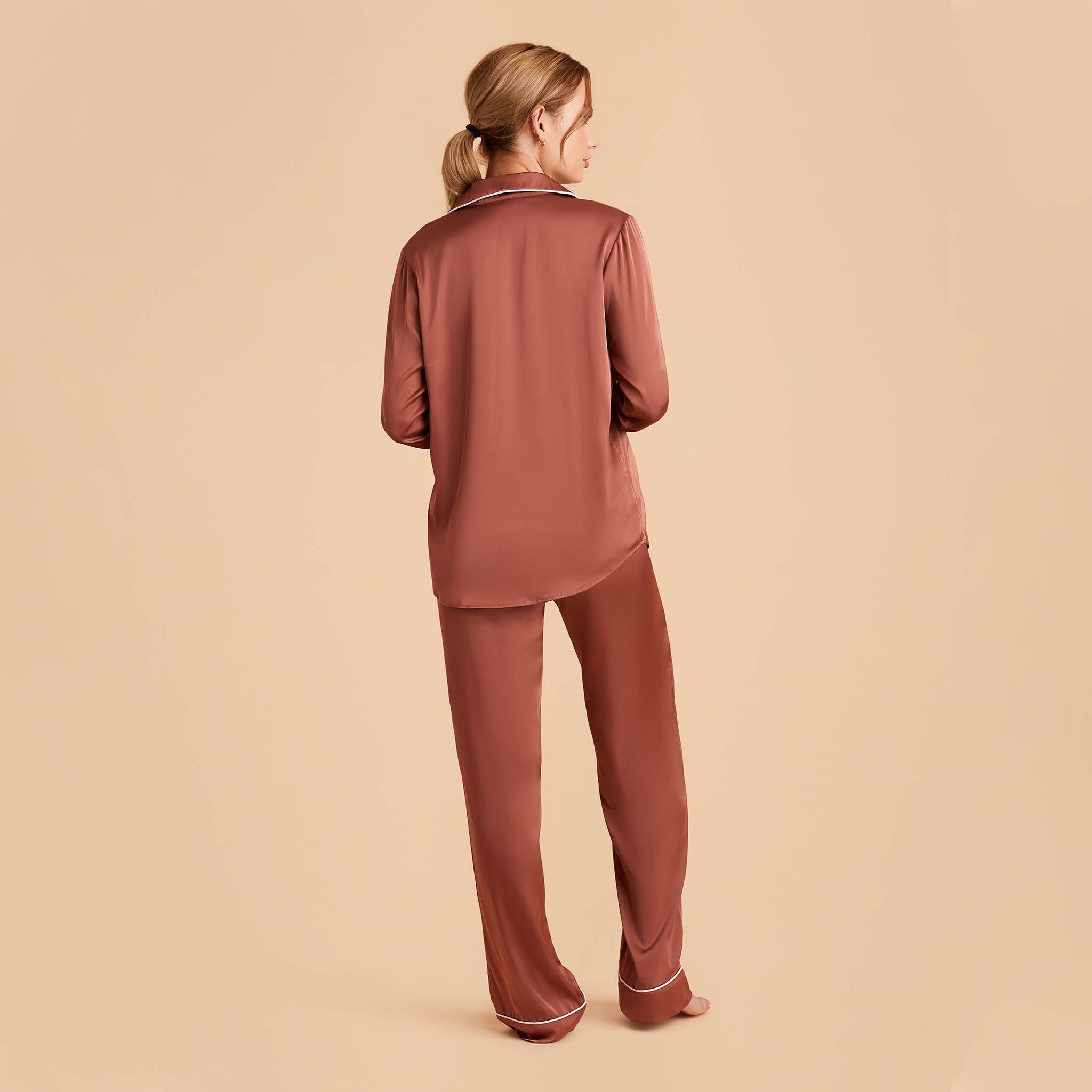 Jonny Satin Long Sleeve Pajama Top With White Piping in desert rose, back view