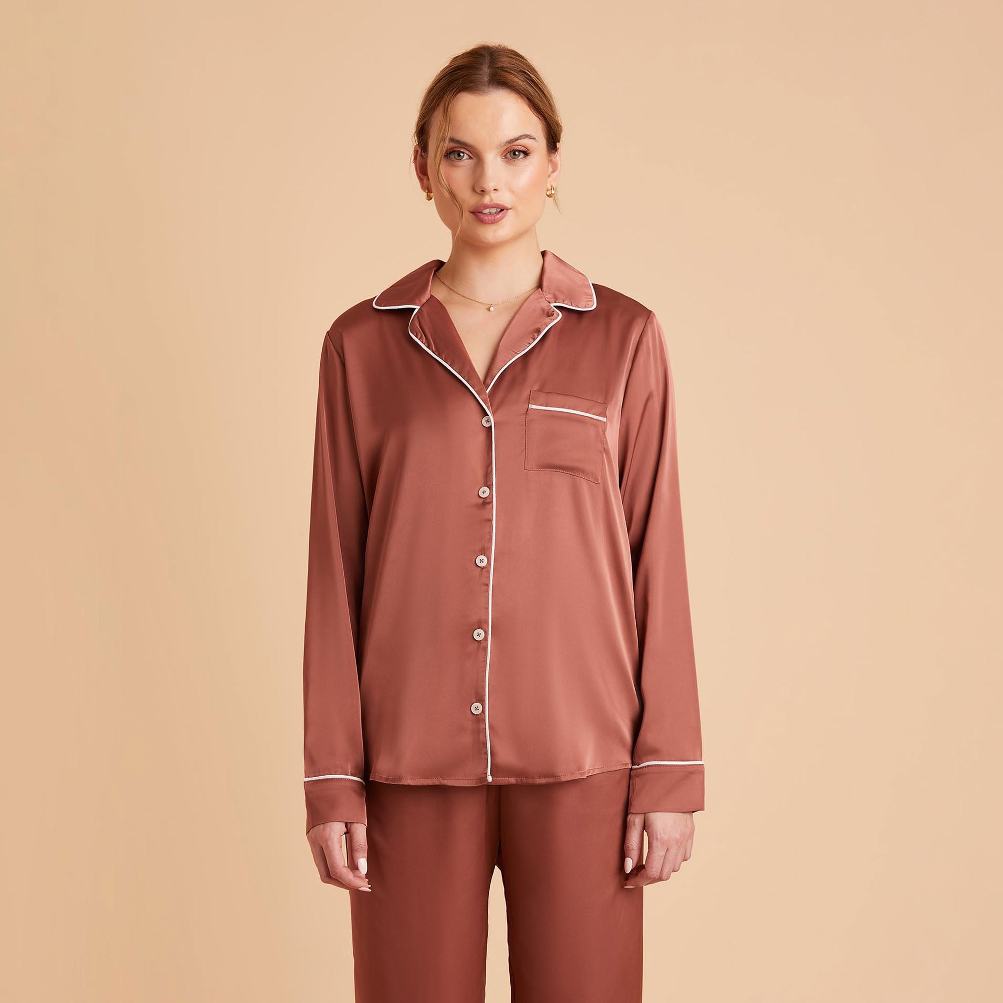 Jonny Satin Long Sleeve Pajama Top With White Piping in desert rose, front view