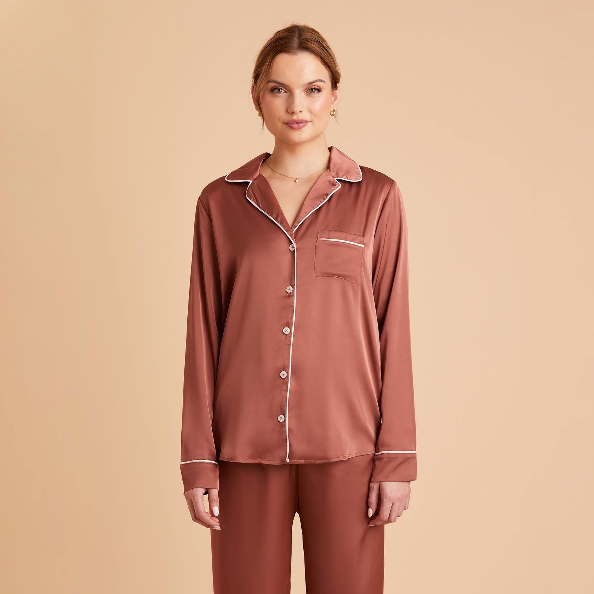 Jonny Satin Long Sleeve Pajama Top With White Piping in desert rose, front view