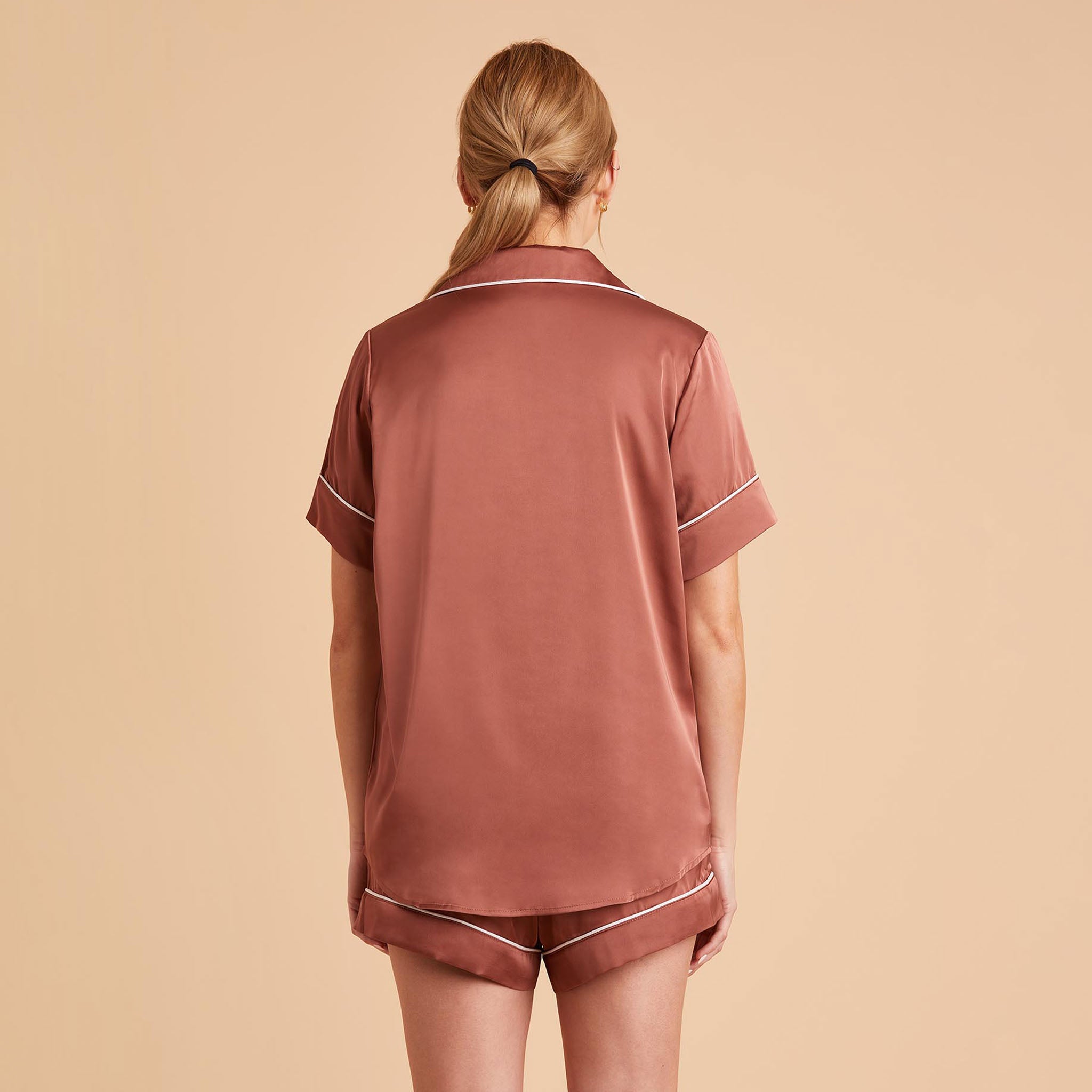 Jonny Satin Short Sleeve Bridesmaid Pajamas With White Piping in desert rose, back view