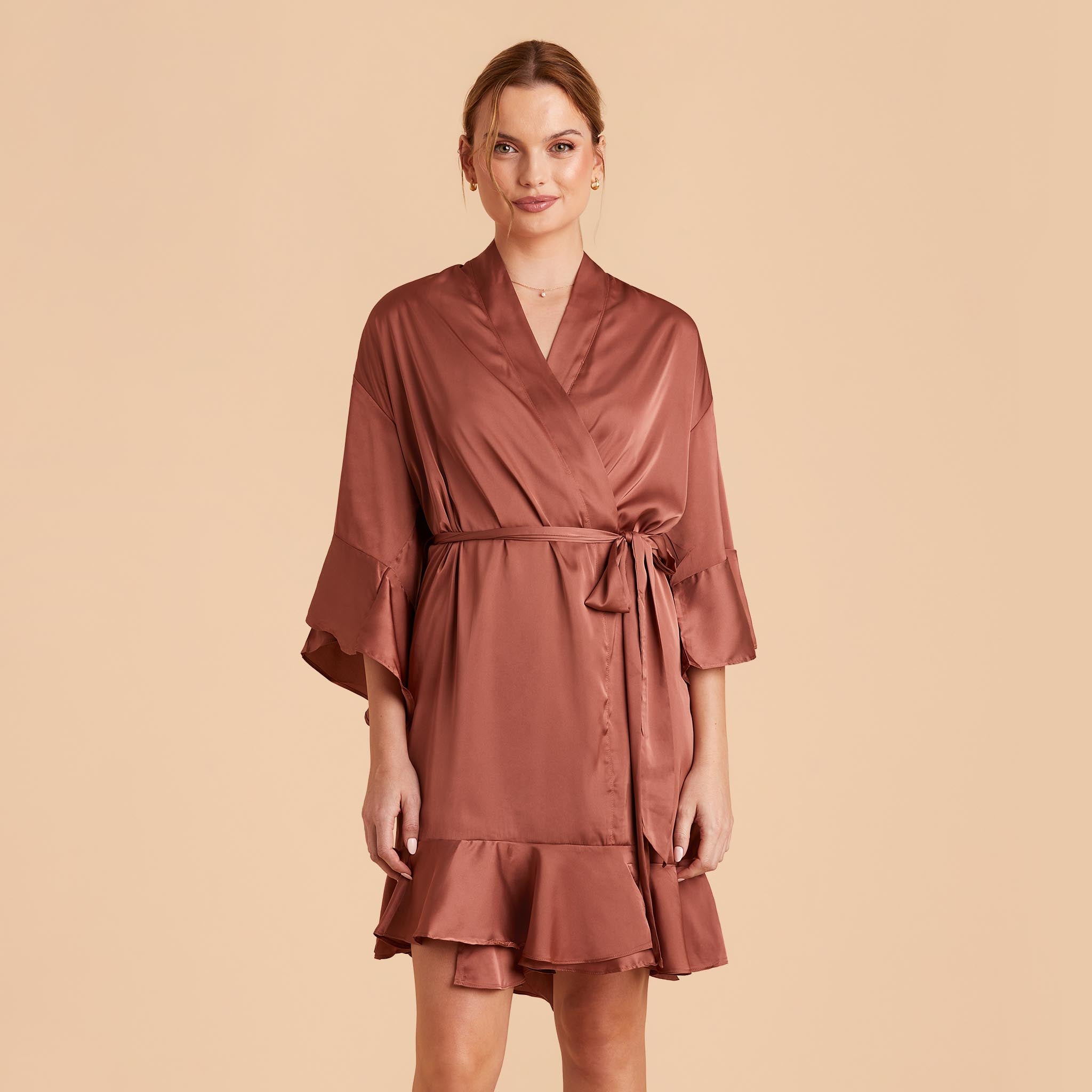 Kenny Ruffle Robe in desert rose satin by Birdy Grey, front view