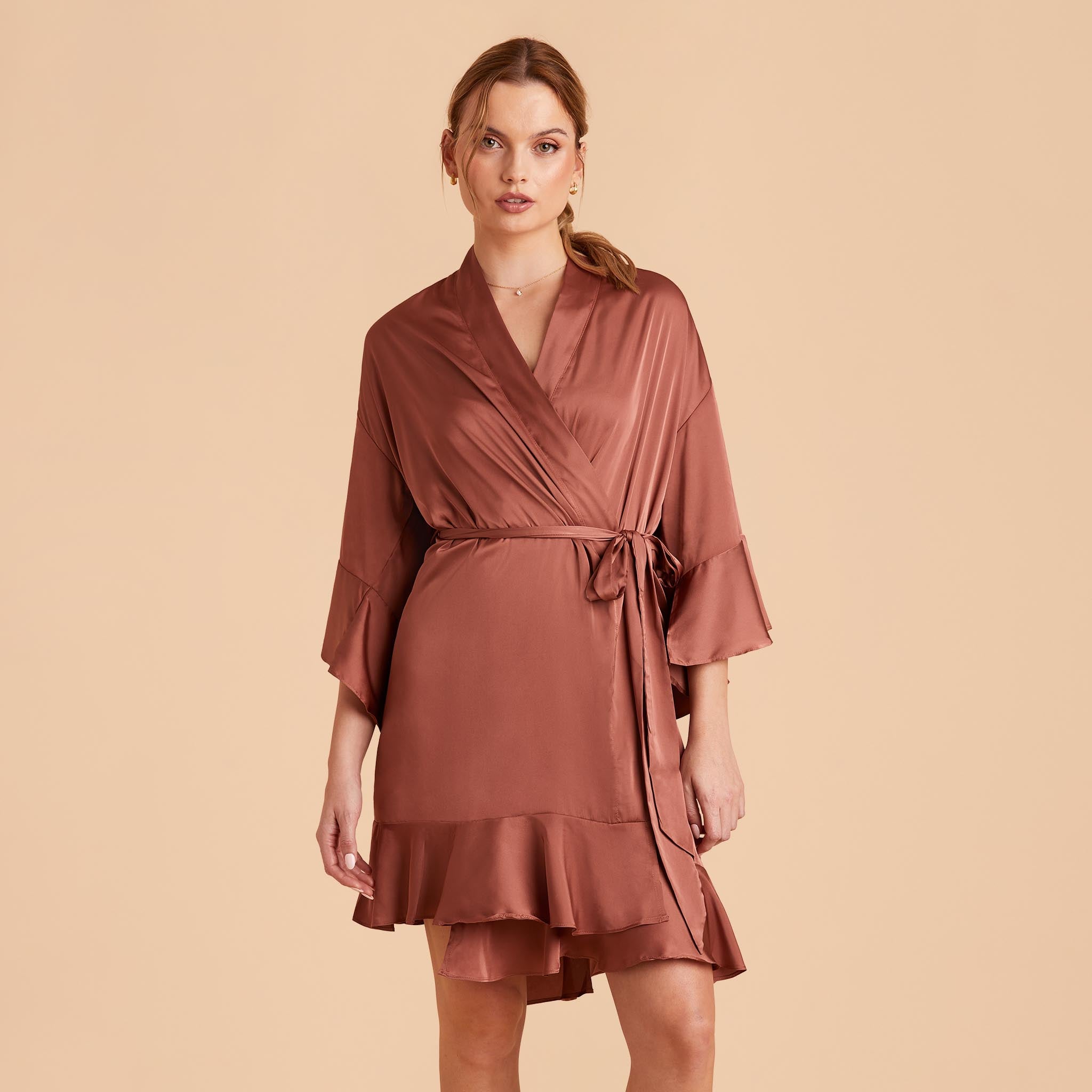 Kenny Ruffle Robe in desert rose satin by Birdy Grey, front view
