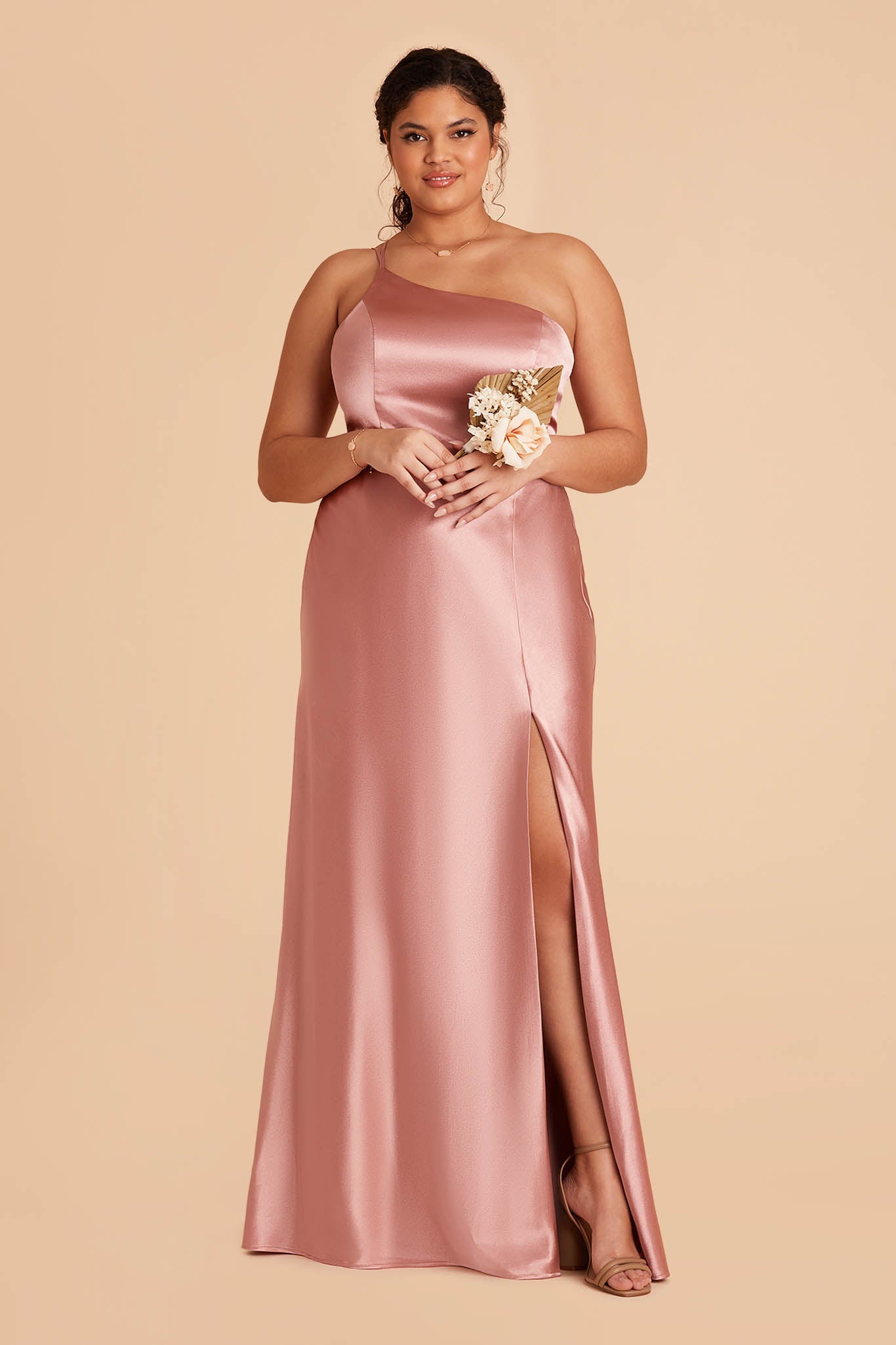 plus-size long rose pink satin one-shoulder neckline with modern thin straps bridesmaid dress