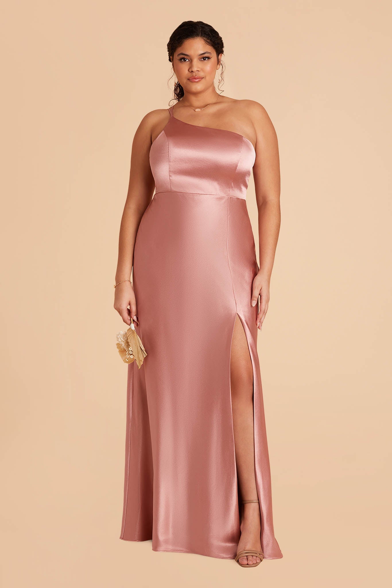 plus-size long rose pink satin one-shoulder neckline with modern thin straps bridesmaid dress