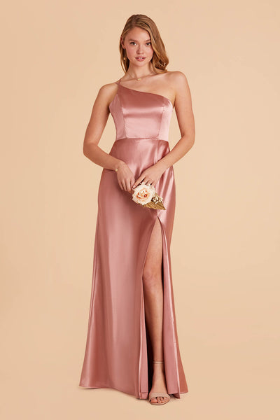  long rose pink satin one-shoulder neckline with modern thin straps bridesmaid dress