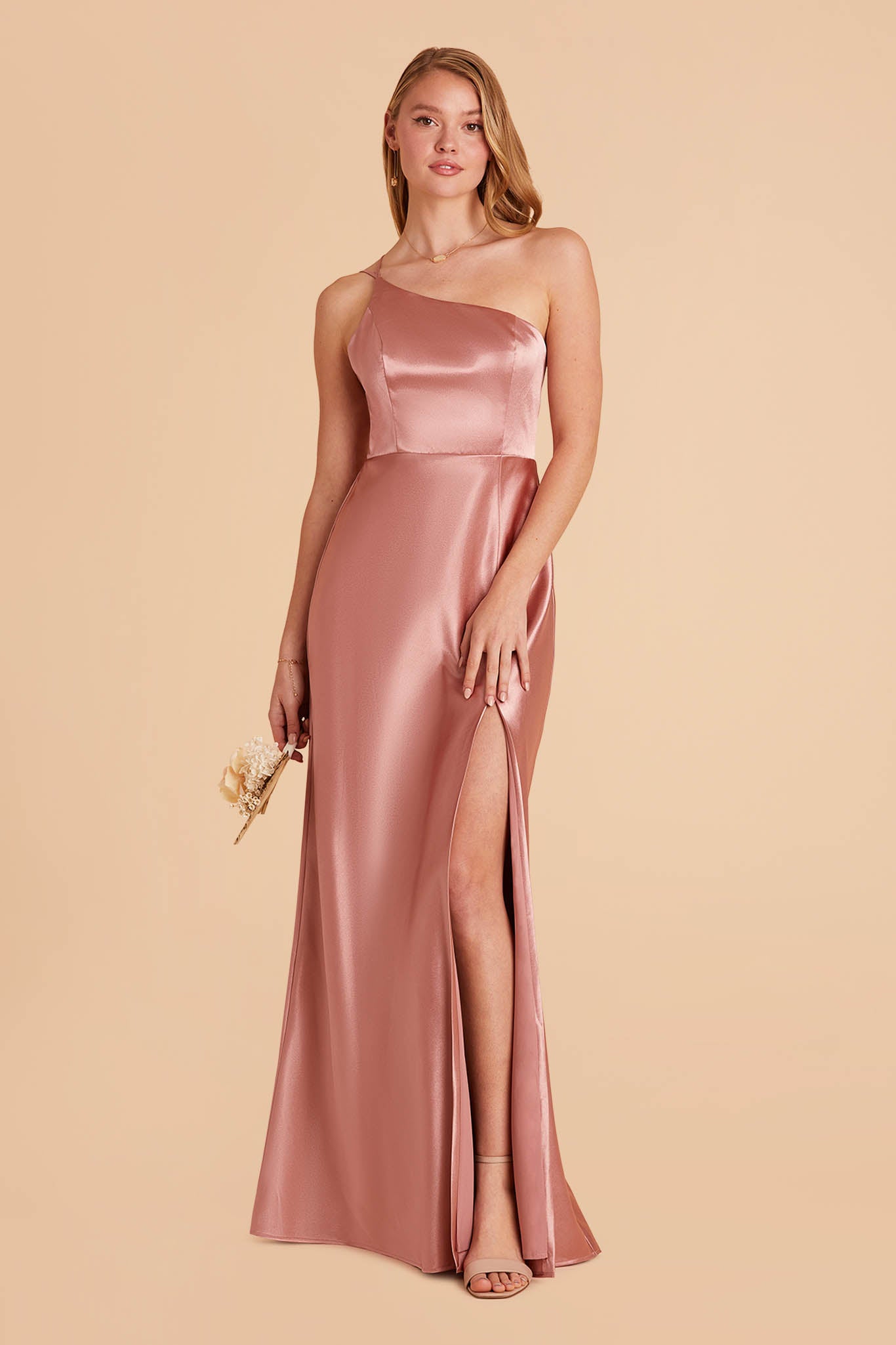 long rose pink satin one-shoulder neckline with modern thin straps bridesmaid dress