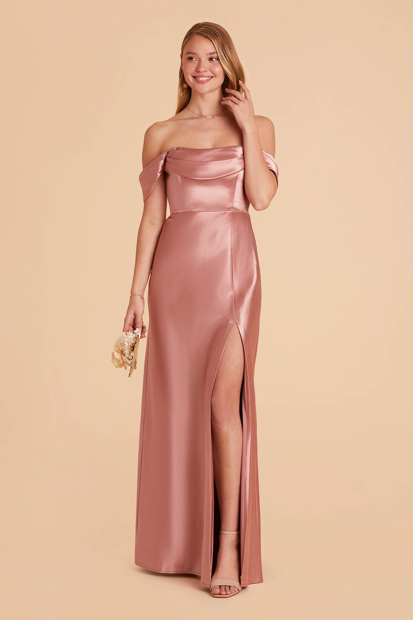 pink satin bridesmaid dress with pleated cowl neck