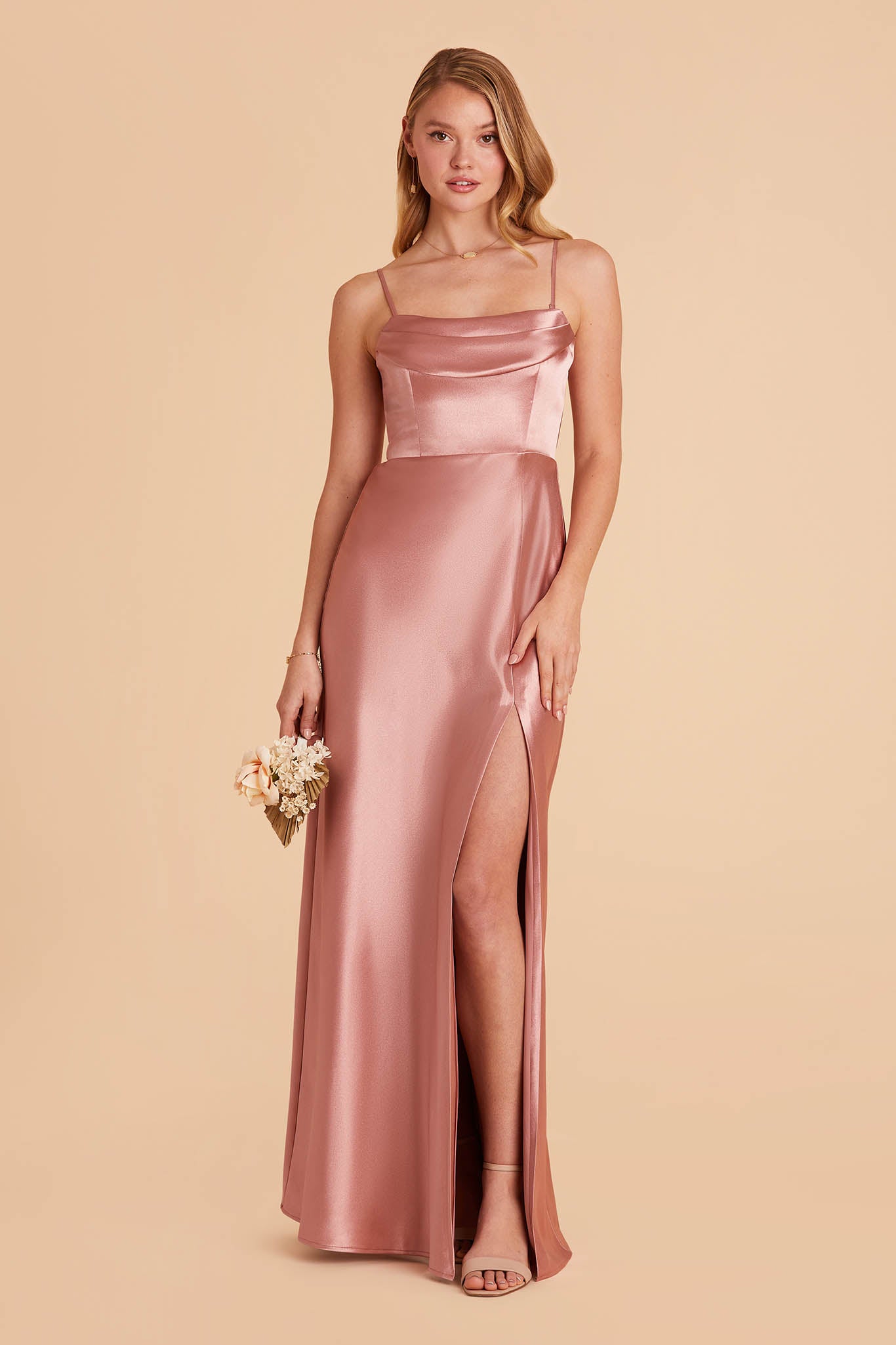 long pink bridesmaid dress with pleated cowl neck