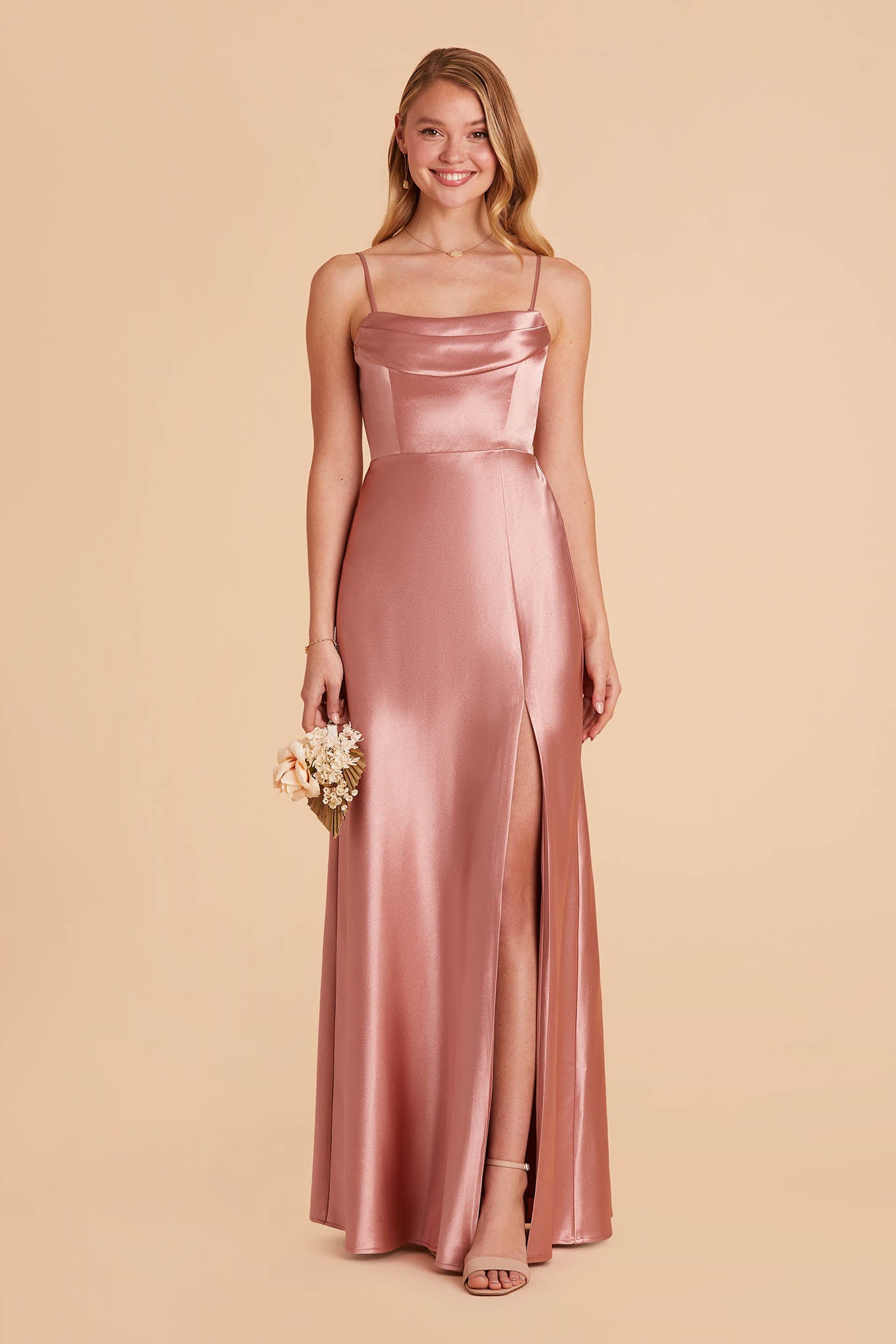 long pink bridesmaid dress with pleated cowl neck