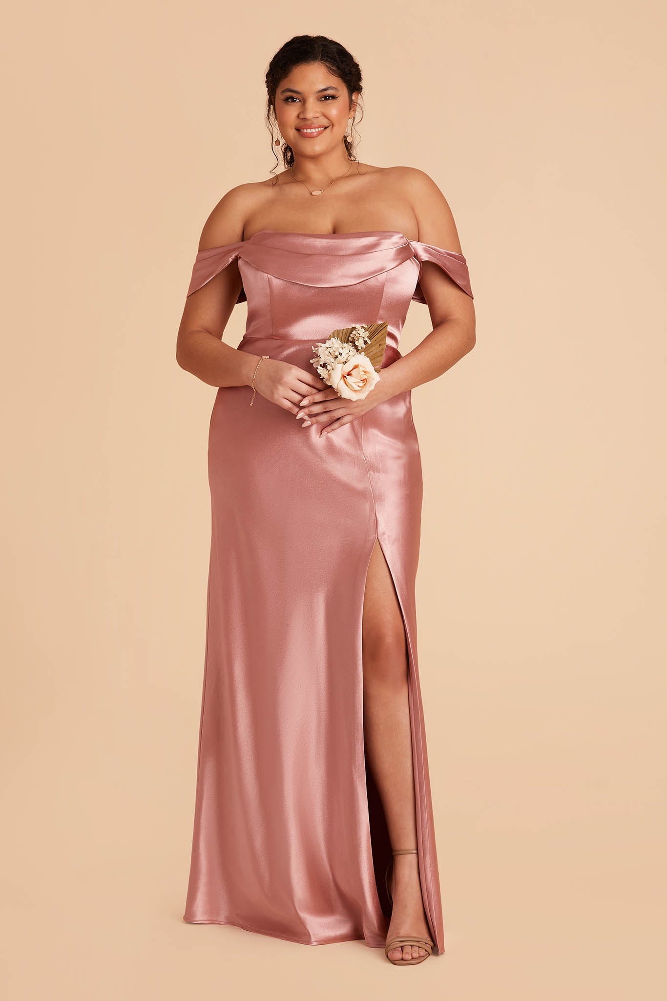 plus size long pink bridesmaid dress with pleated cowl neck