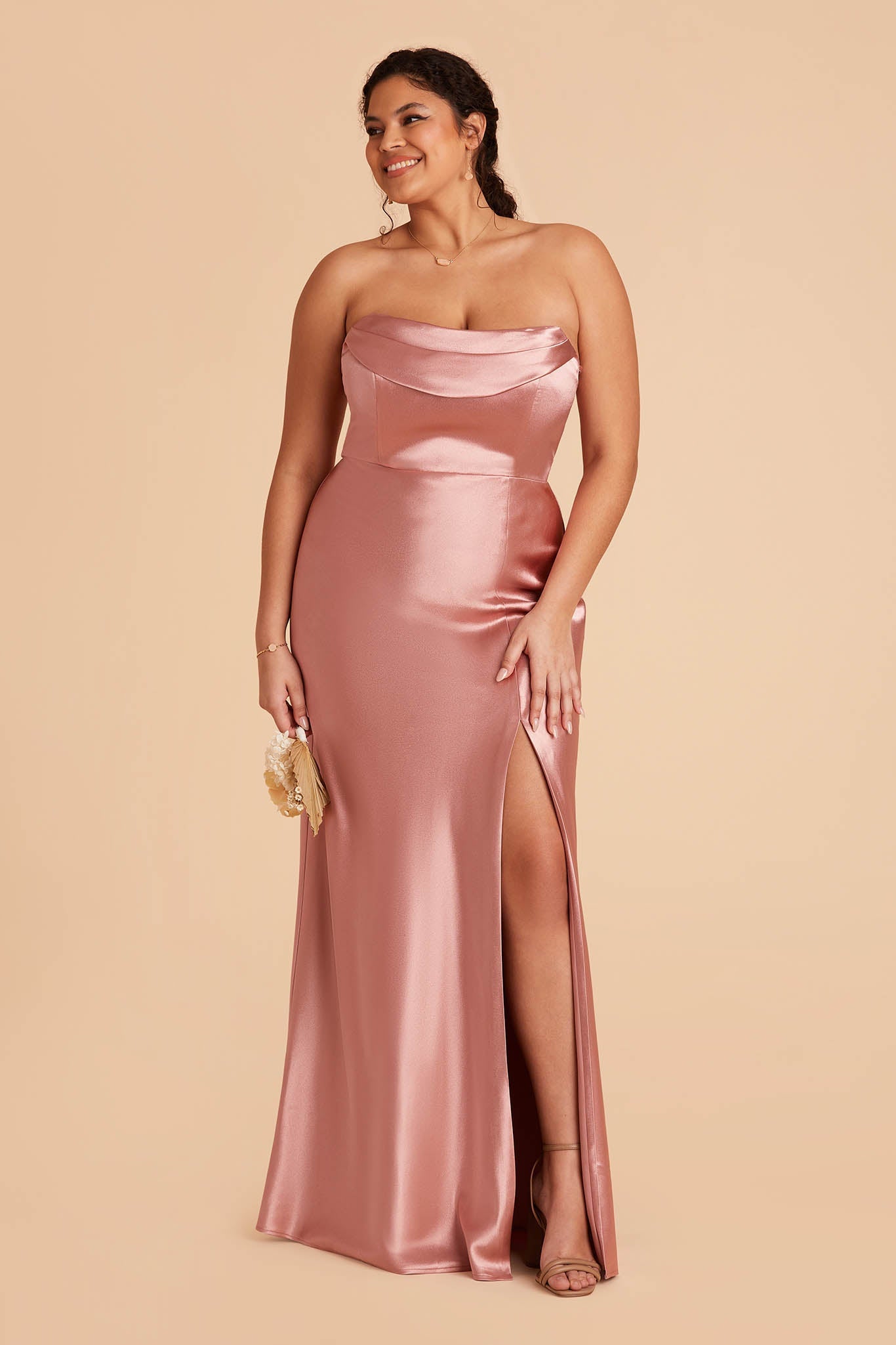 plus size long pink bridesmaid dress with pleated cowl neck