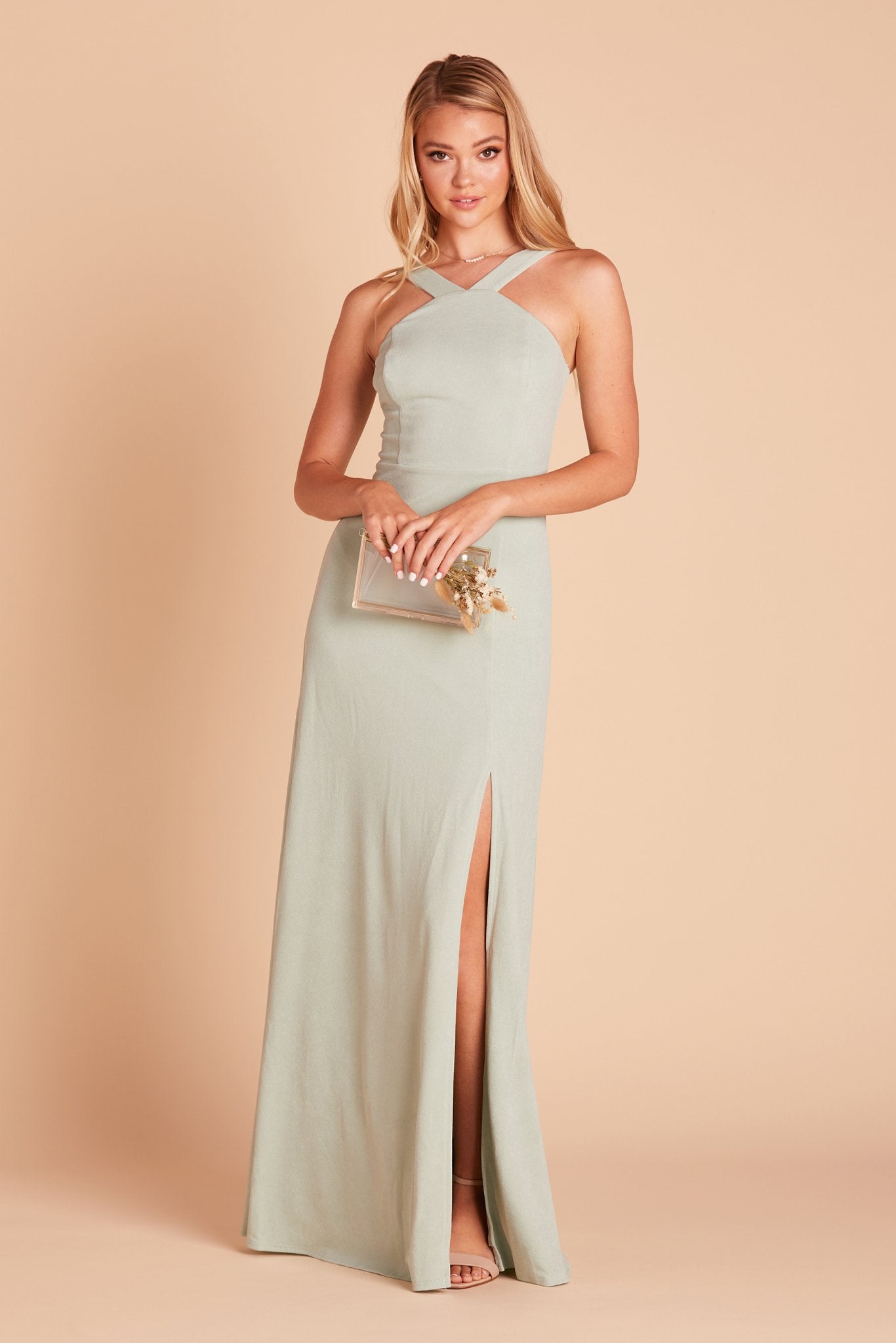 Gene bridesmaid dress with slit in sage green crepe by Birdy Grey, front view