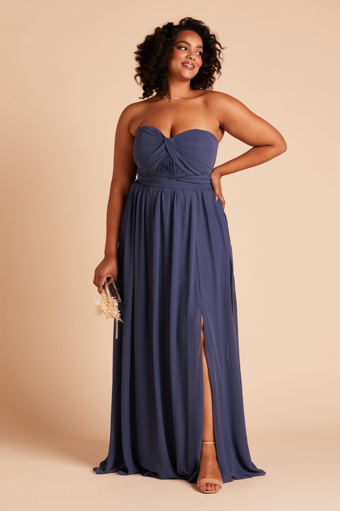 Grace convertible plus size bridesmaid dress with slit in slate blue chiffon by Birdy Grey, front view