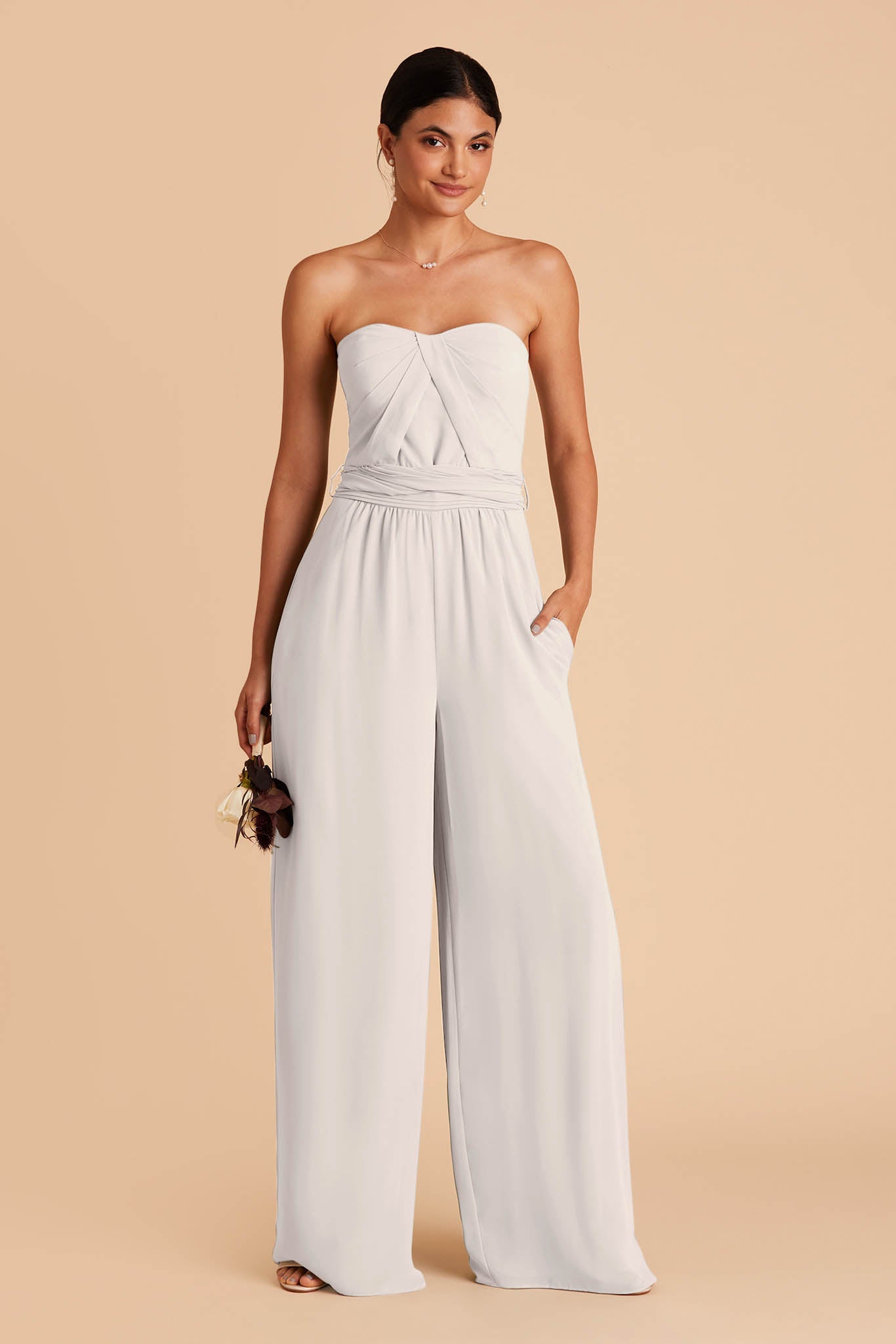 Light gray wedding jumpsuit with sweetheart bodice with convertible neckline